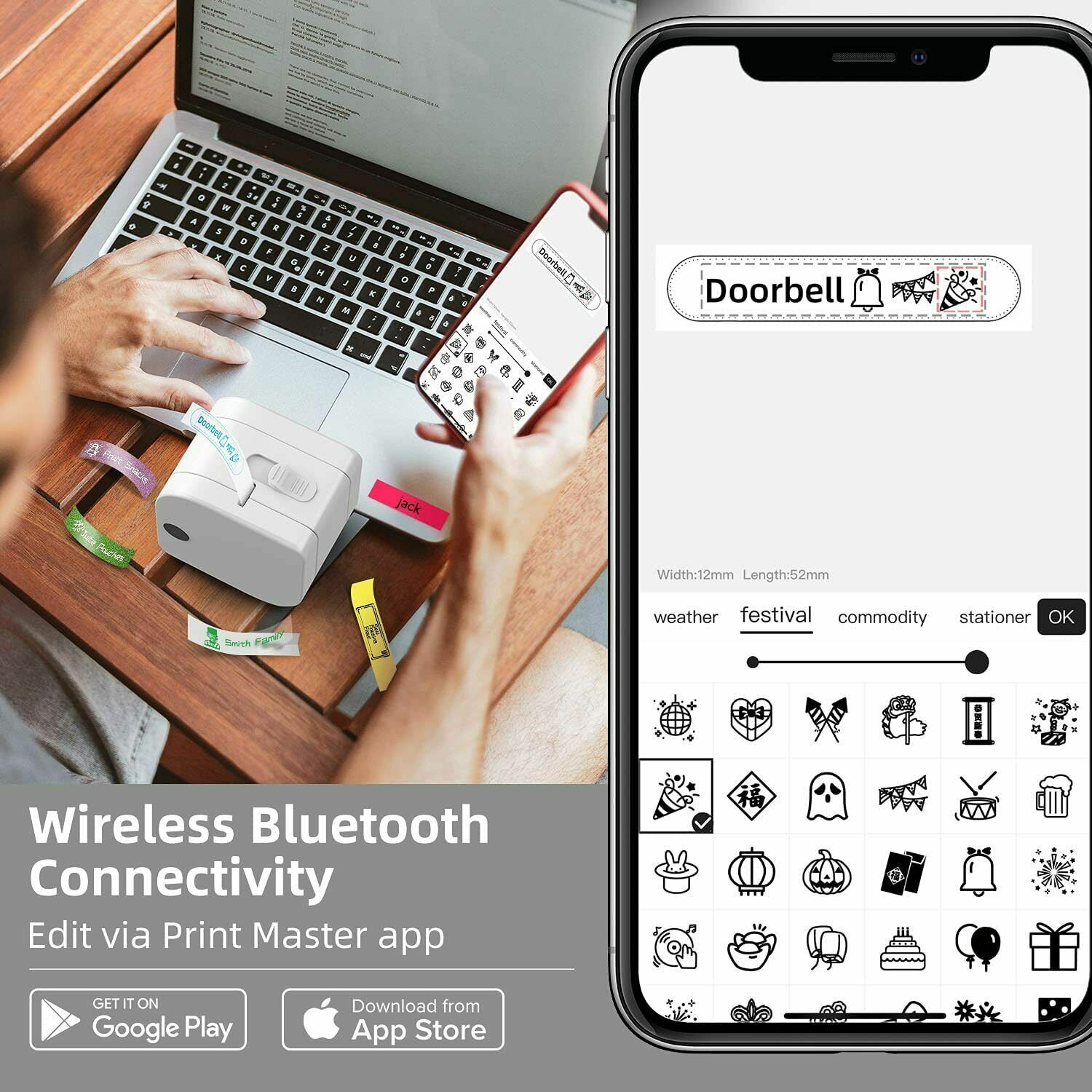 Phomemo P12 Bluetooth Thermal Printer Handheld Label Maker Machine with Tape