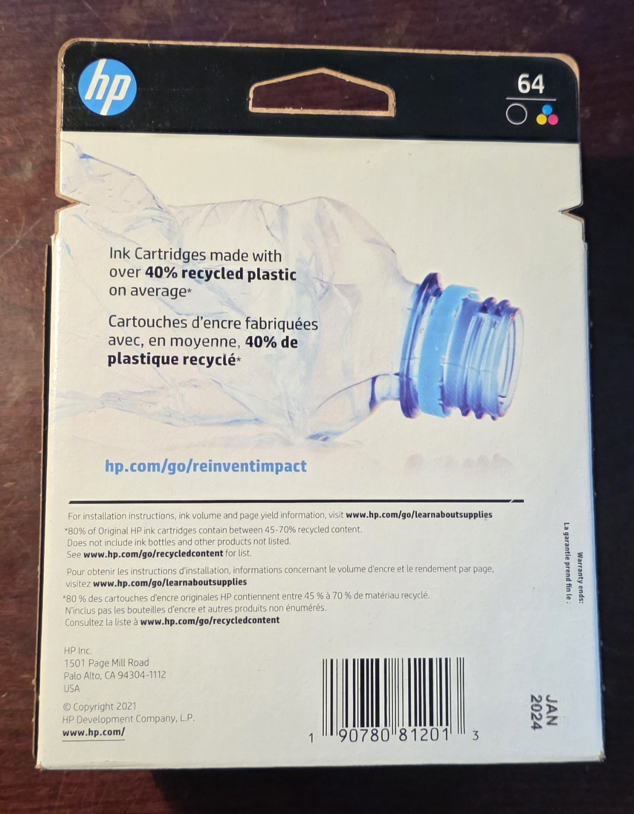 Genuine HP 64 (X4D92AN) Black & Tri-Color 2-pack Ink Cartridges EXP. JAN 2024