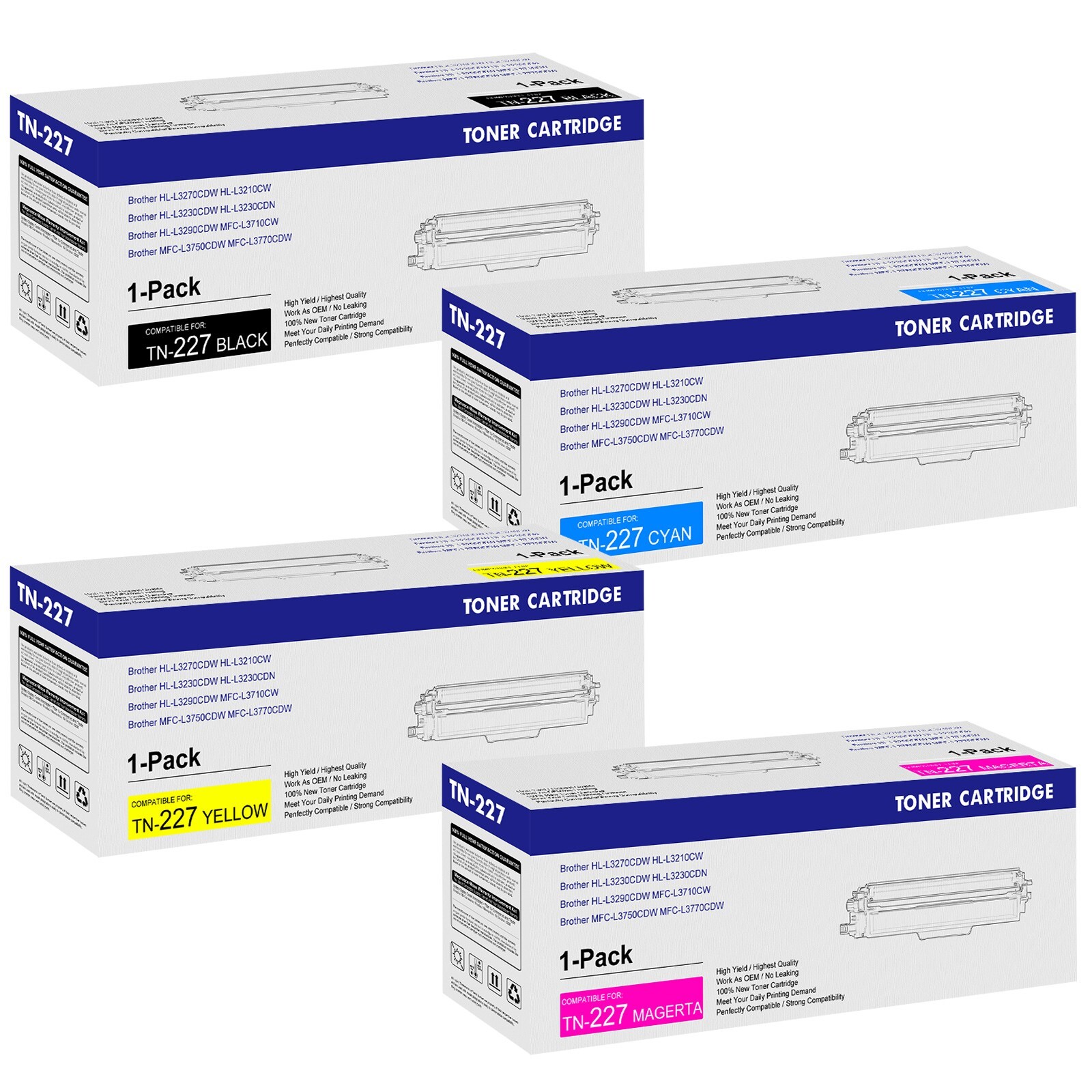 4-Pack TN227 TN223 Toner Cartridge for Brother HL-L3270CDW HL-L3290CDW Printer