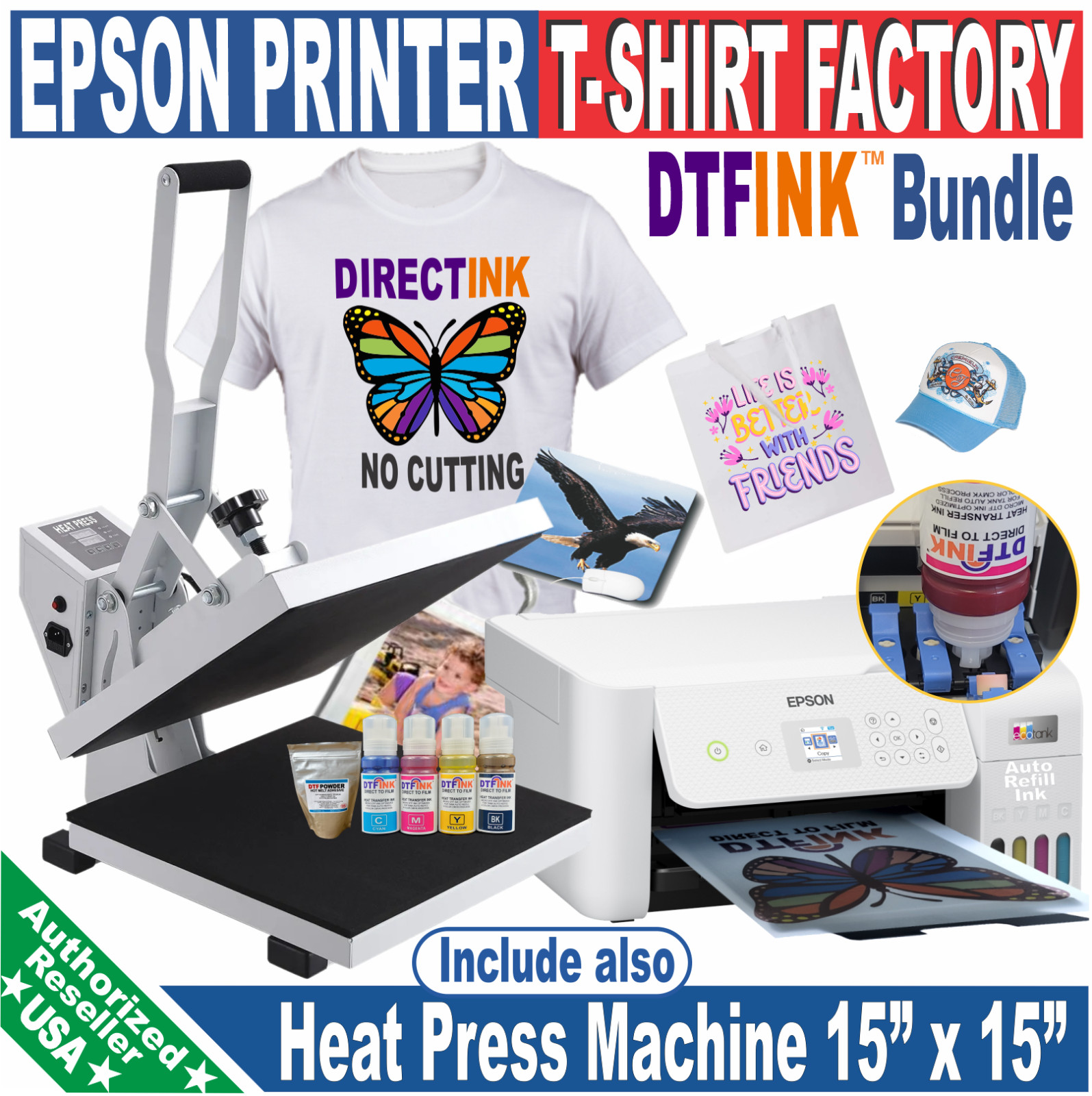 Epson Printer with DTF Print T-Shirt Heat Press 15″x15″ Machine Start Bundle A+