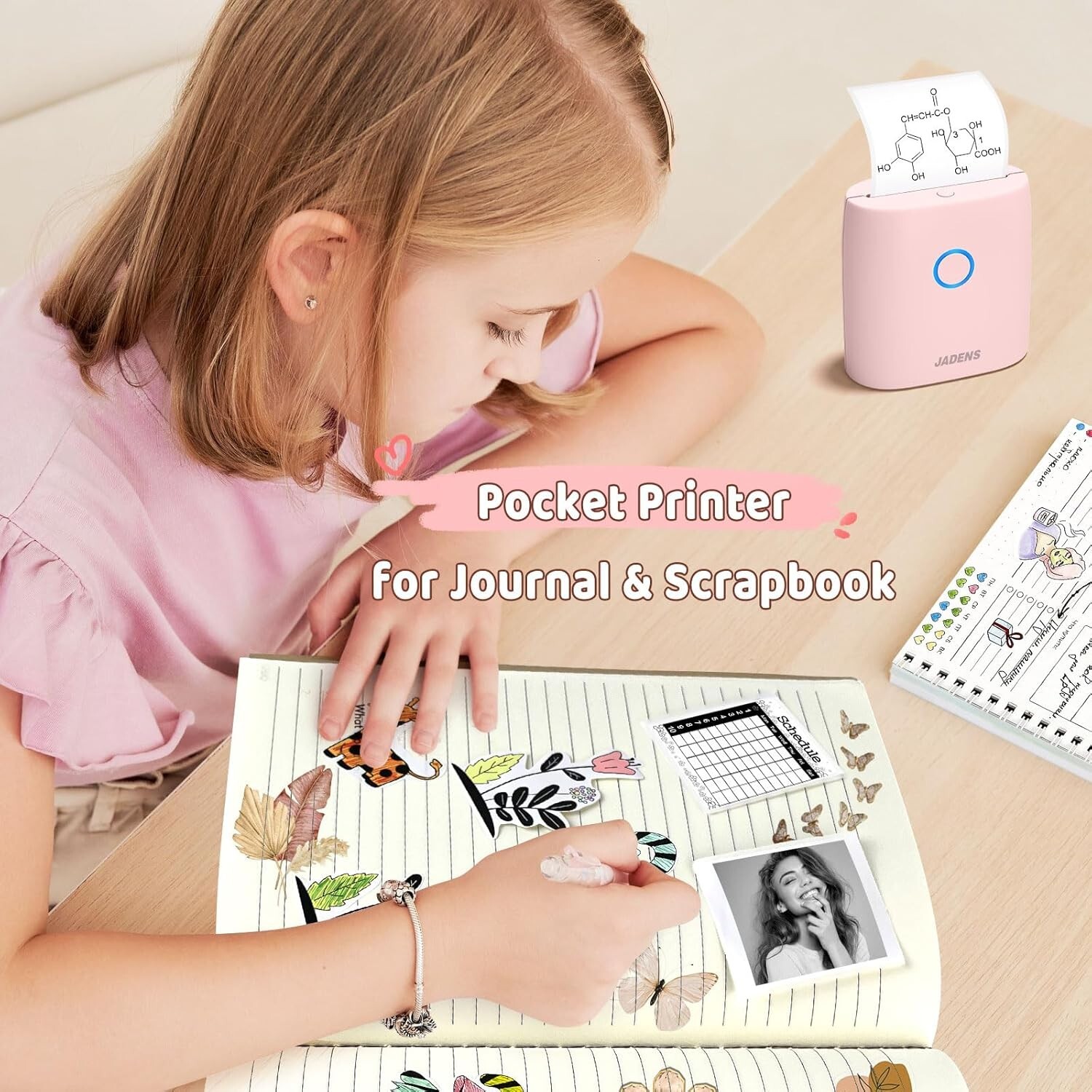 Jadens JD-21 Sticker Thermal Mini Printer Pink Portable Wireless Bluetooth New