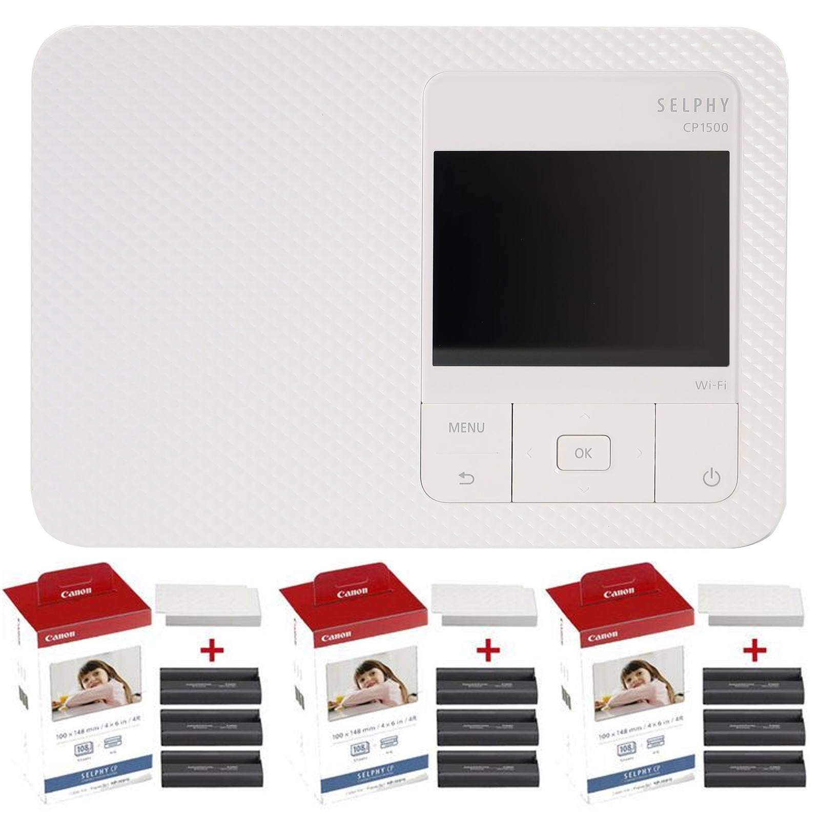 Bundle: Canon SELPHY CP1500 Compact Photo Printer White + 3x KP-108IN Paper Set