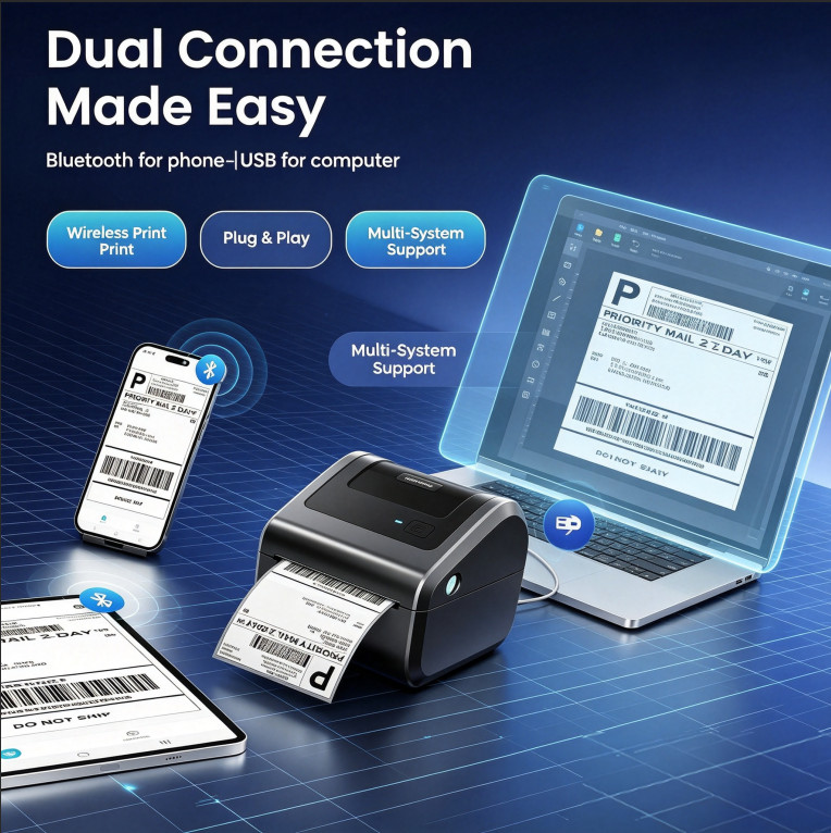 4×6 Bluetooth Thermal Label Printer+30 sheets Shipping Labels for USPS FedEx UPS