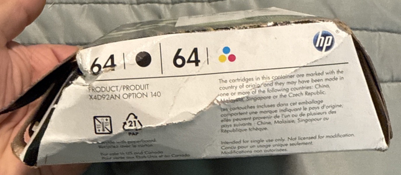 Genuine Brand New HP 64 Black & Tri Color Ink Cartridge 2 Pack EXP 2020 New Open