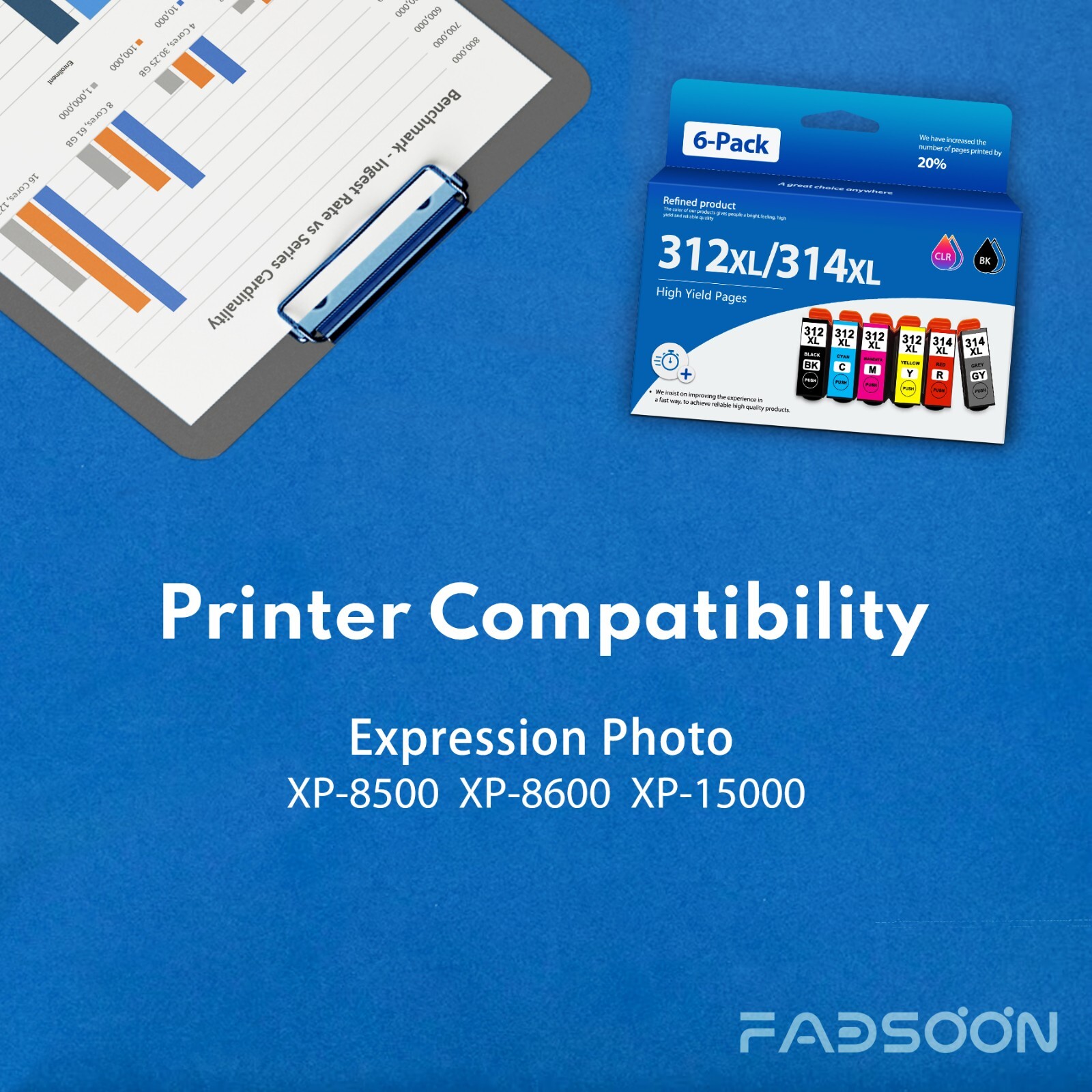 FADSOON® 312XL 314XL Ink Cartridges 6-Pack Compatible for Epson XP-8500, XP-8600