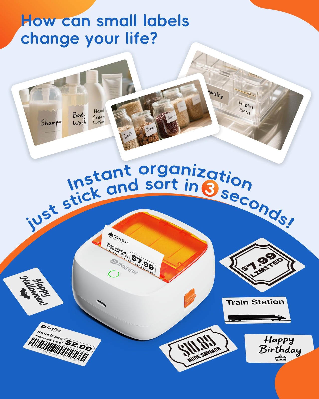 InkWon B21 2-Inch Bluetooth Label Maker Thermal Printer with 3 Tapes