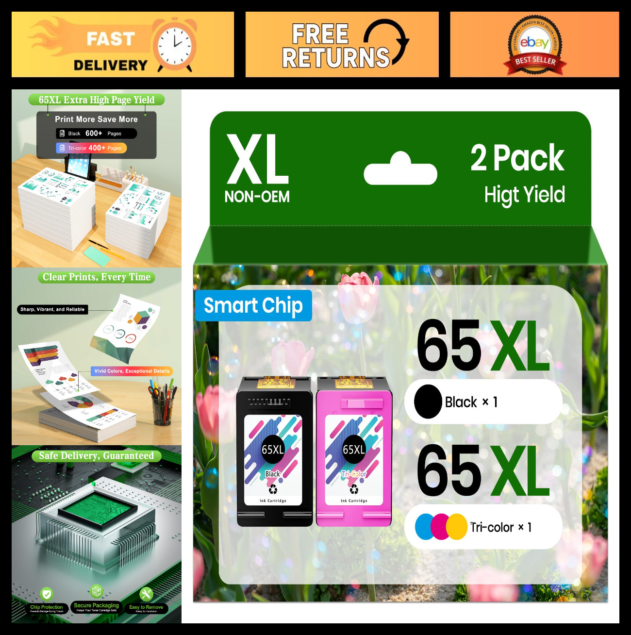 65XL Ink Cartridges Combo Pack – Black & Color for HP DeskJet & Envy Printers