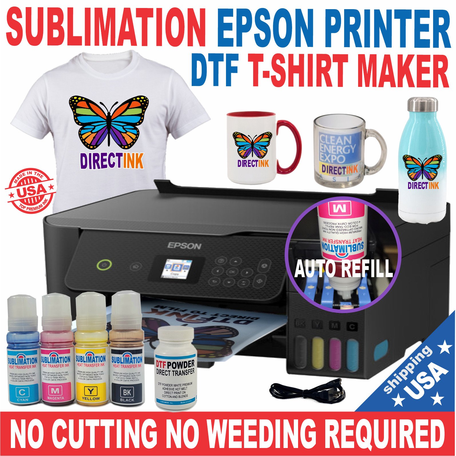 Epson Tank Printer with Sublimation Direct ink Heat Transfer Plus, DTF Start Kit