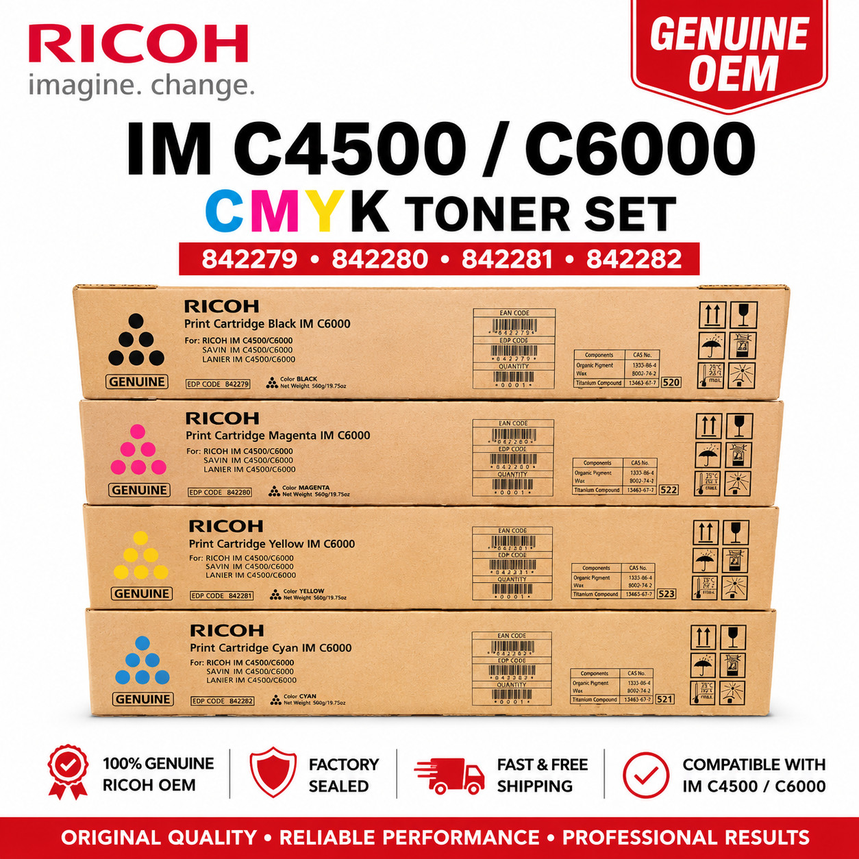 Genuine Ricoh IMC4500/C6000 CMYK Toner Set CMYK 842279,842280,842281,842282 OEM