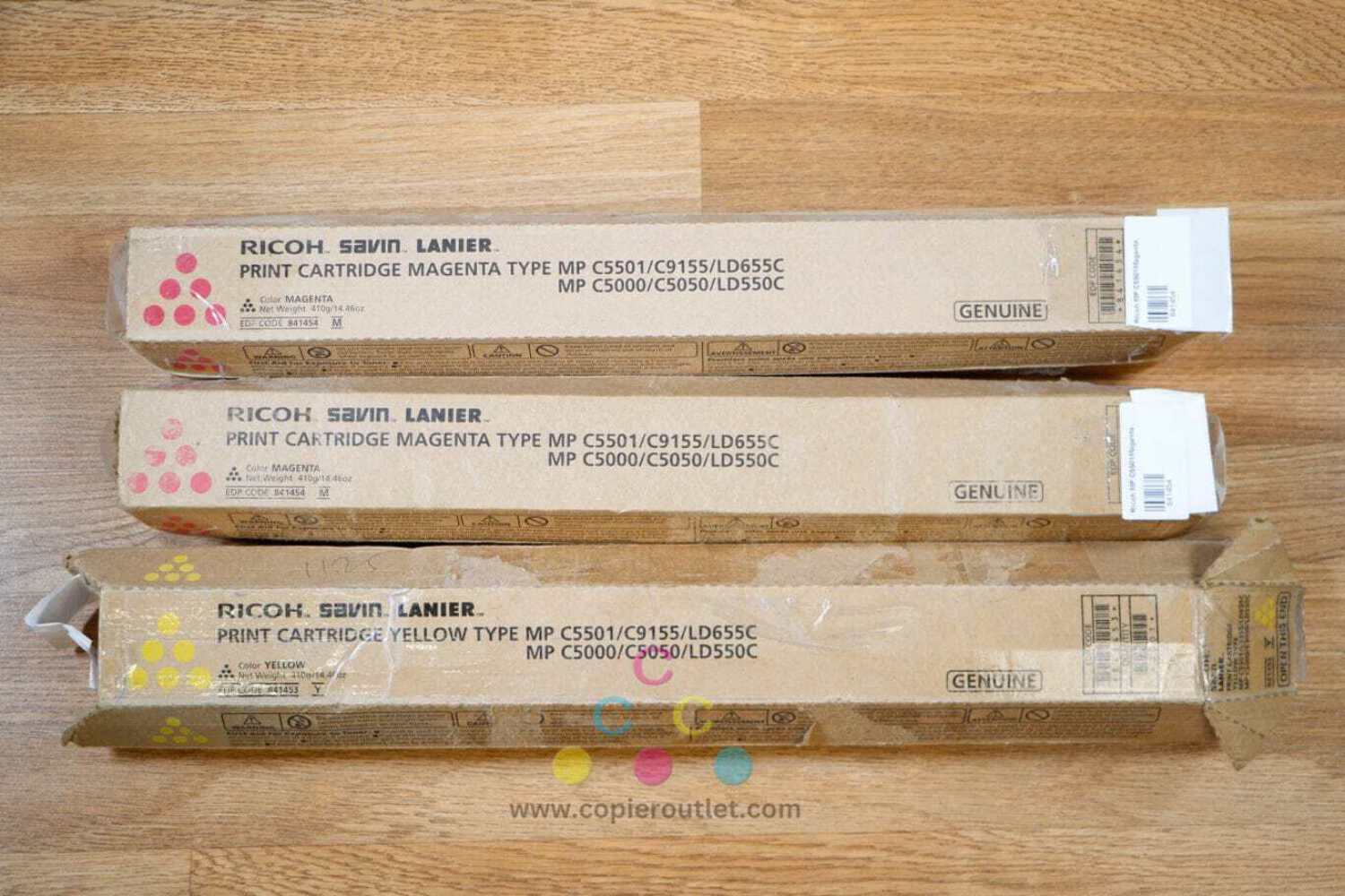 3 Cosmetic OEM Ricoh MP C5000,C5501,C9155,LD655C Magenta & Yellow Toners 841454,
