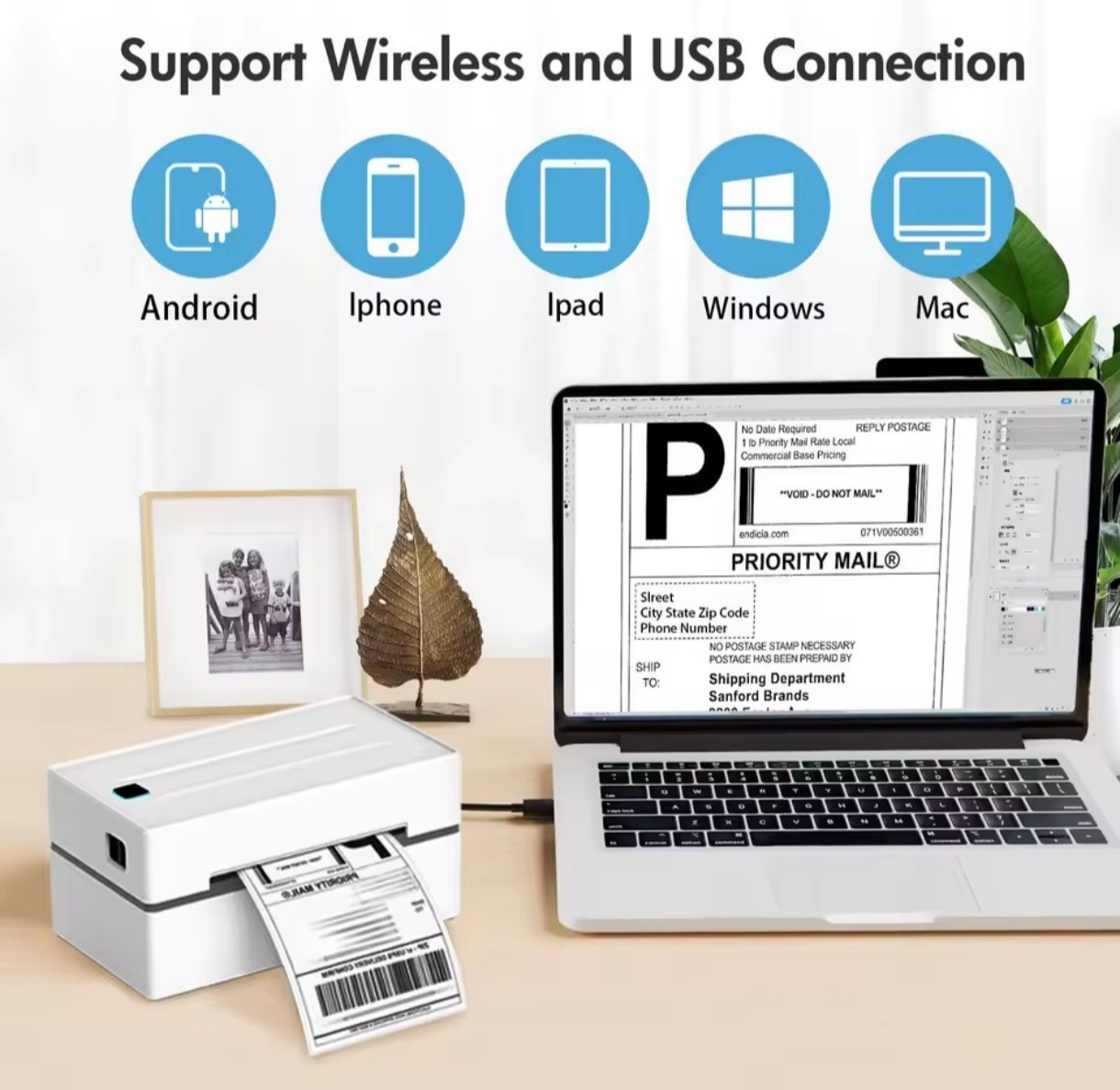 Thermal label printer portable no ink required 203DPI 4×6 for small business…