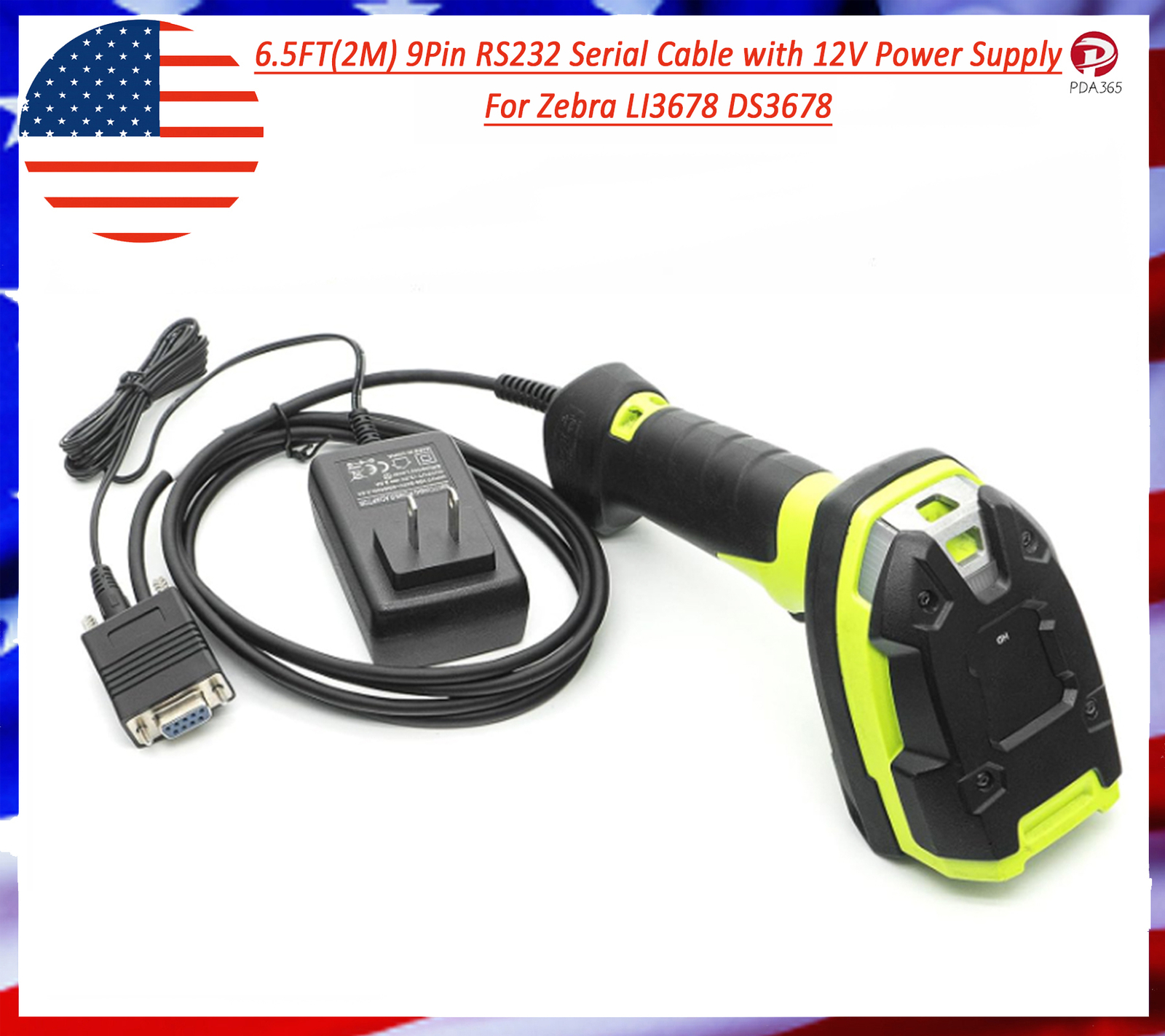 6.5FT(2M) 9Pin RS232 Serial Cable with 12V Power Supply For Zebra LI3678 DS3678