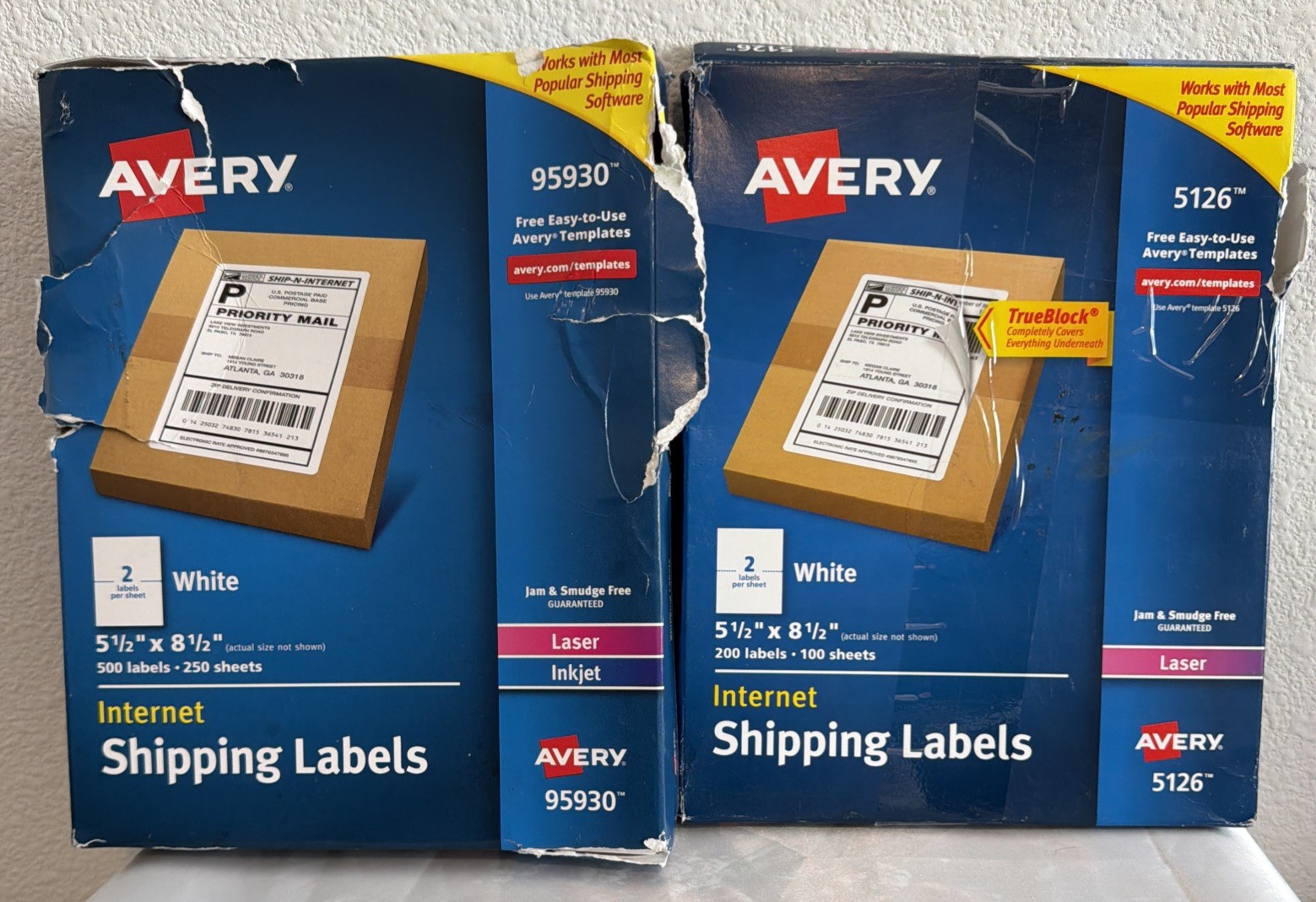 2-Avery Half Sheet Printable Shipping Labels 5.5 x 8.5 Inch White- Open Box