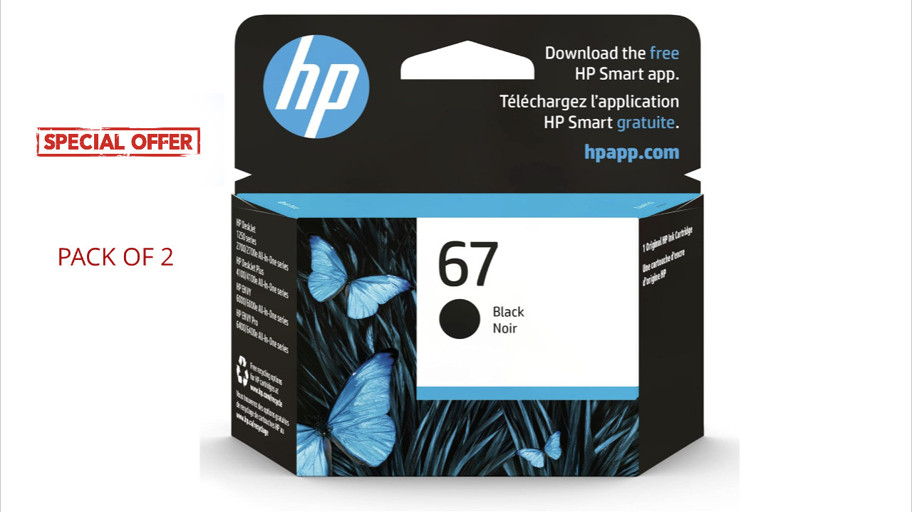 Pack of 2 HP 67 Black Original Ink Cartridge, ~120 pages, 3YM56AN- LIMITED OFFER