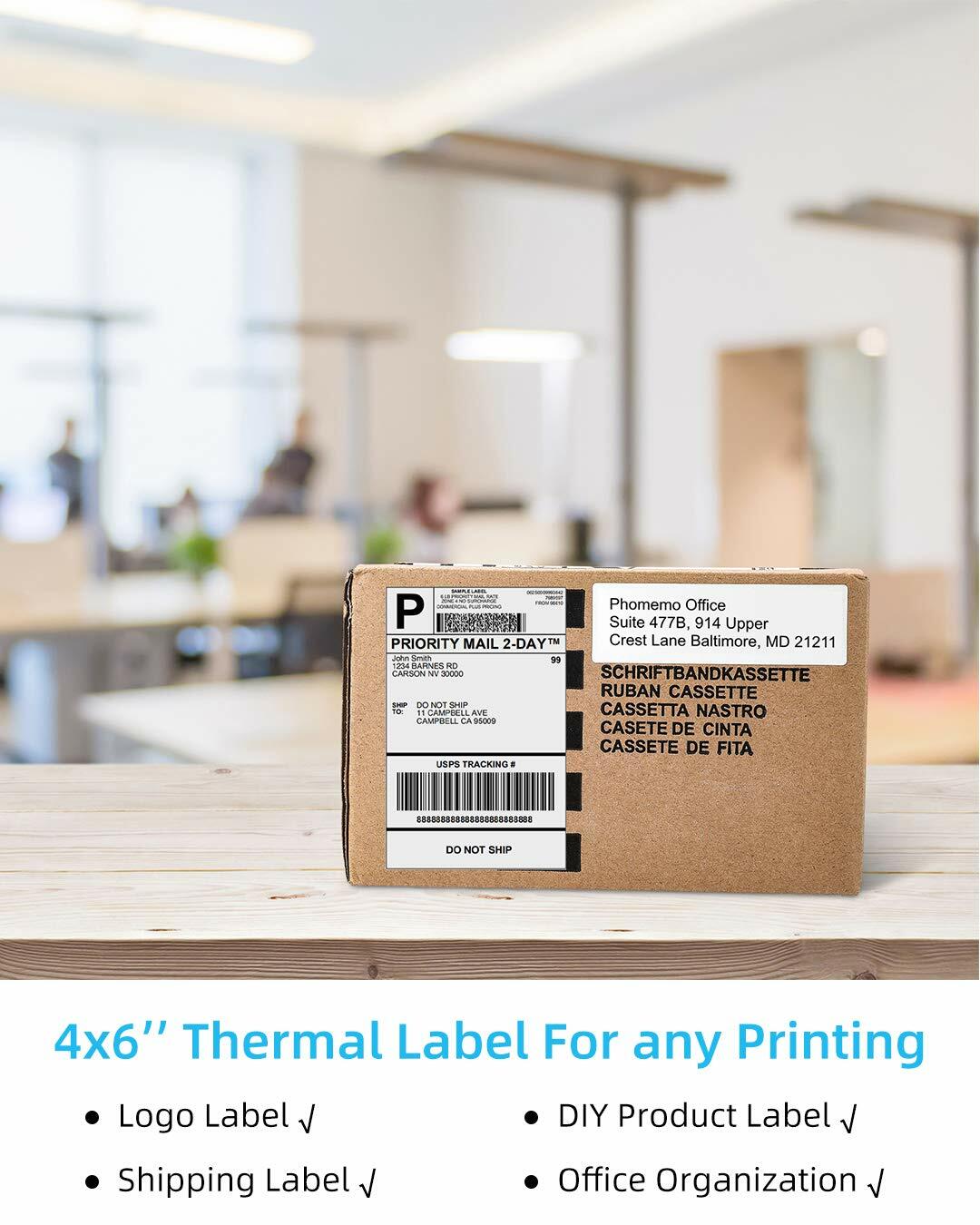 Phomemo 4×6 Thermal Shipping Labels Pack of 500 for Printer Fan-fold Paper