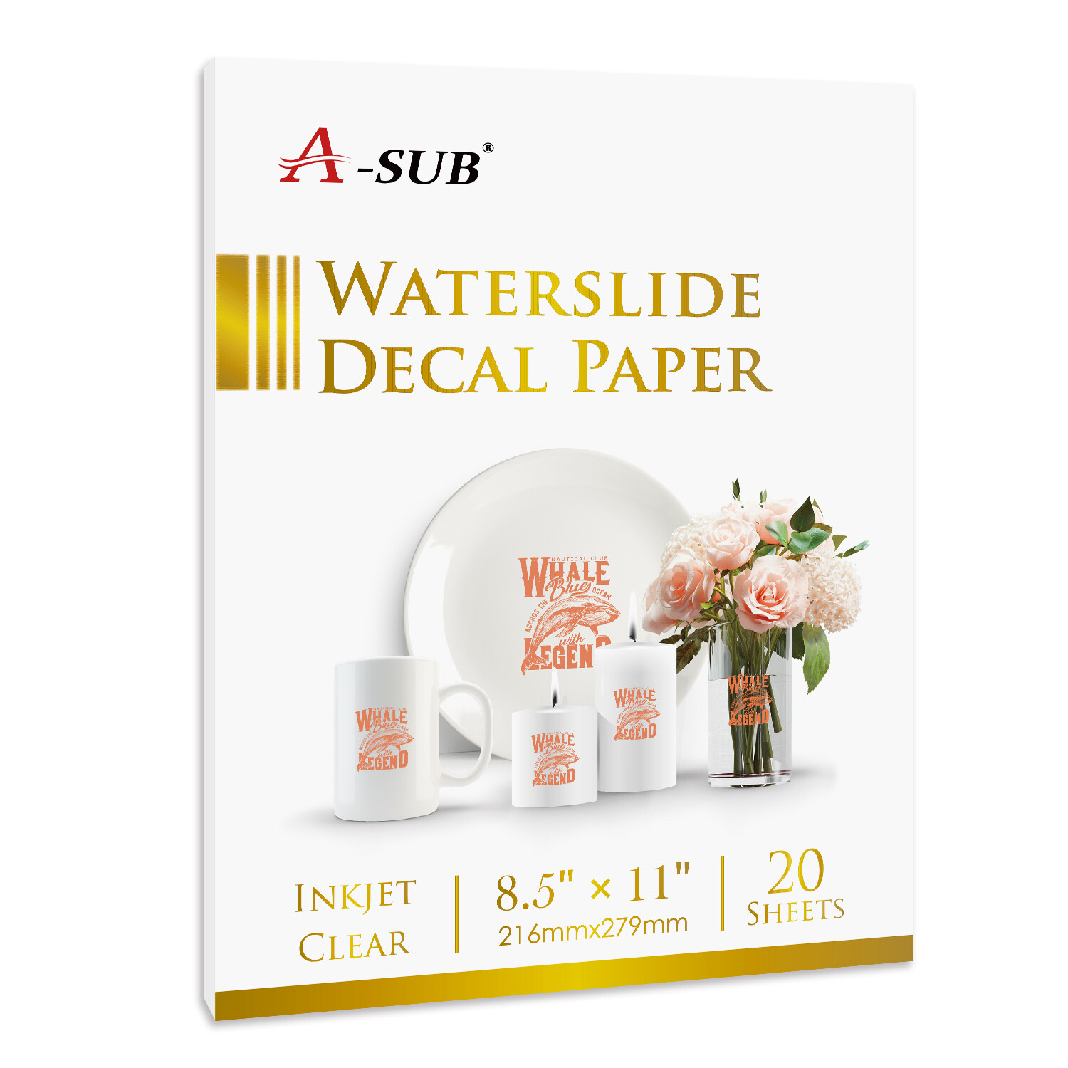 A-SUB 20 Sheets Inkjet Clear Waterslide Decal Transfer Paper 8.5×11 DIY Tumbler