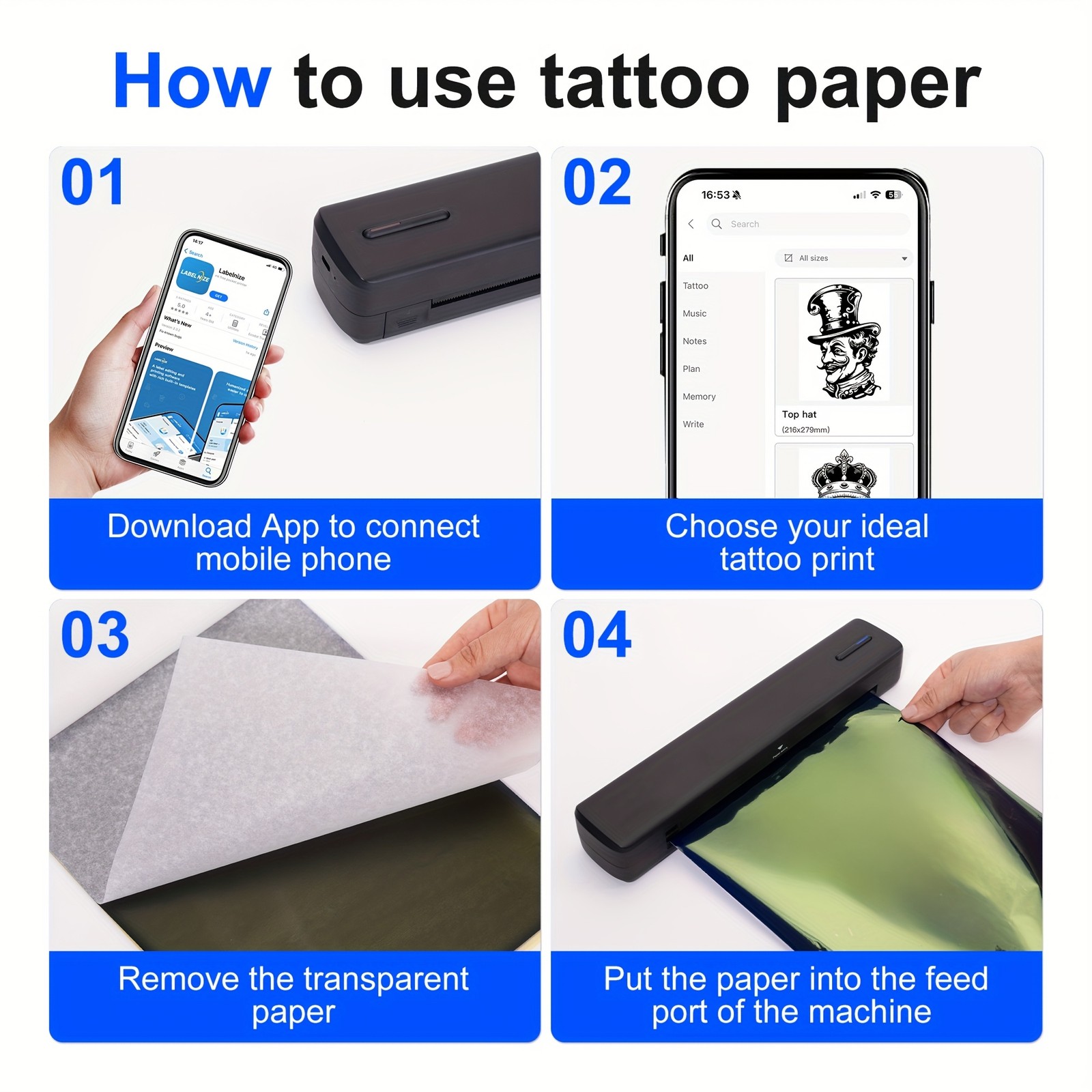 Support A4 A5 Portable Printer Wireless Inkless thermal Printer Bluetoothe Black