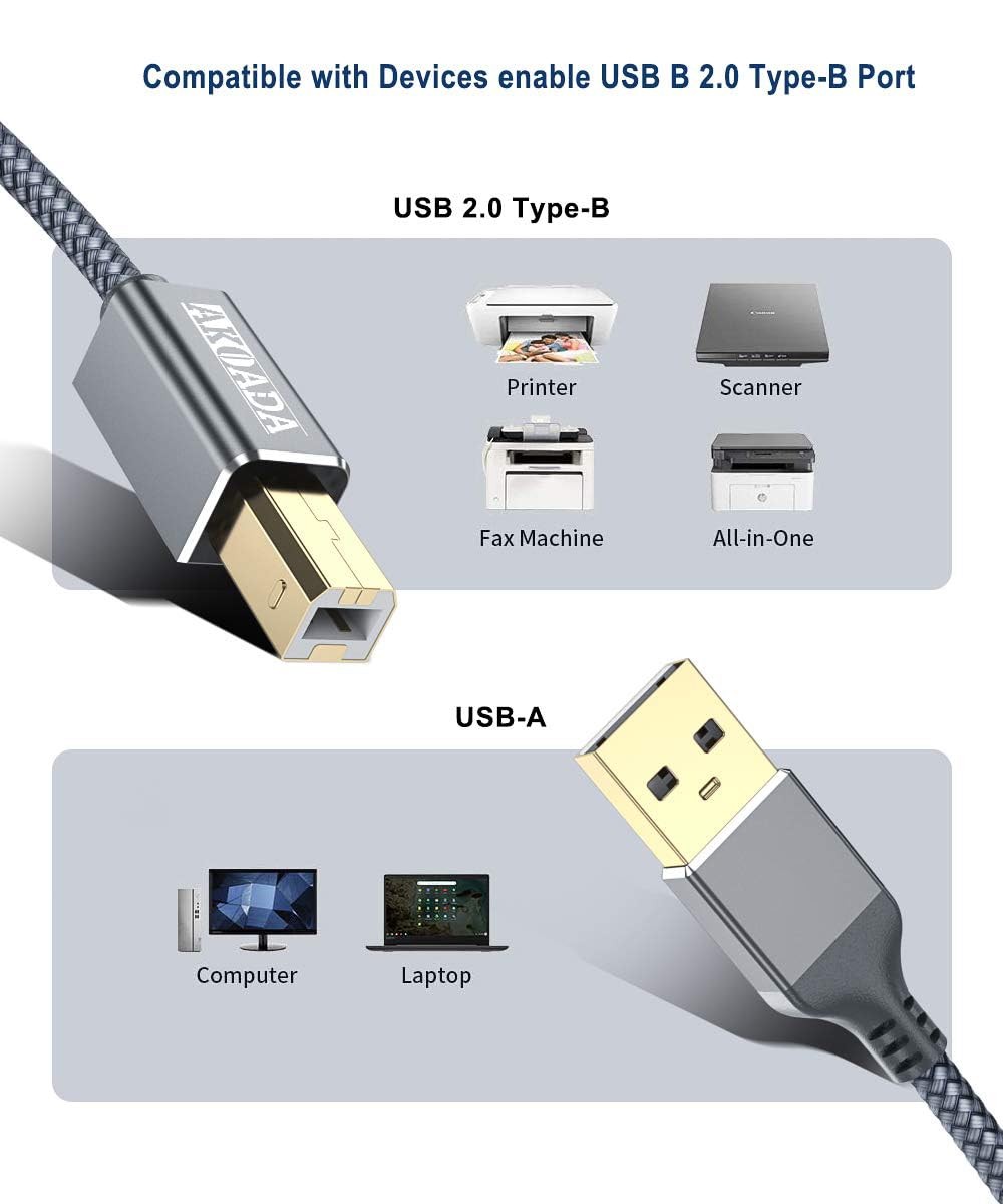 AkoaDa Printer Cable,USB A to B Cable 10ft USB 2.0 Cord 10 feet, Grey