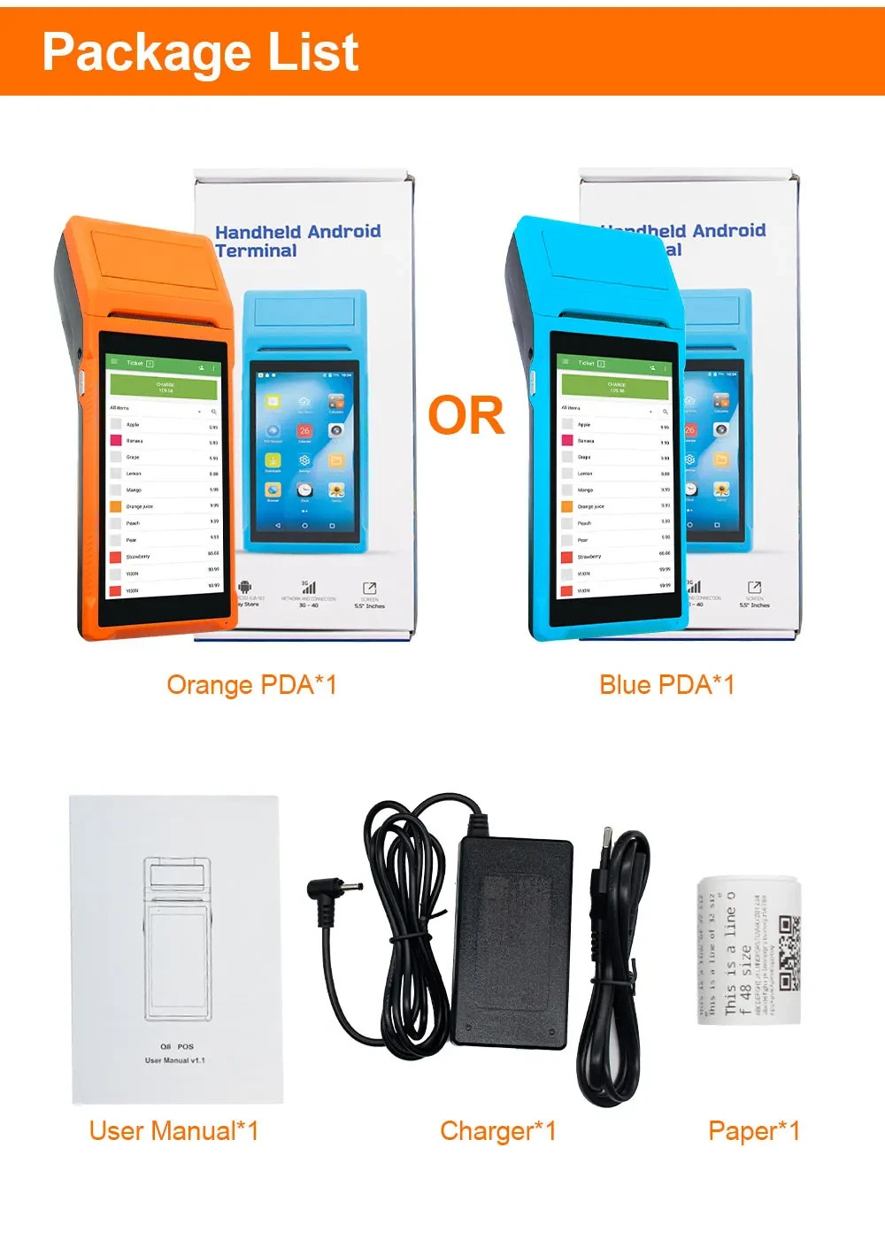 Android 11 Handheld POS Terminal 58mm Thermal Receipt Printer WiFi Bluetooth