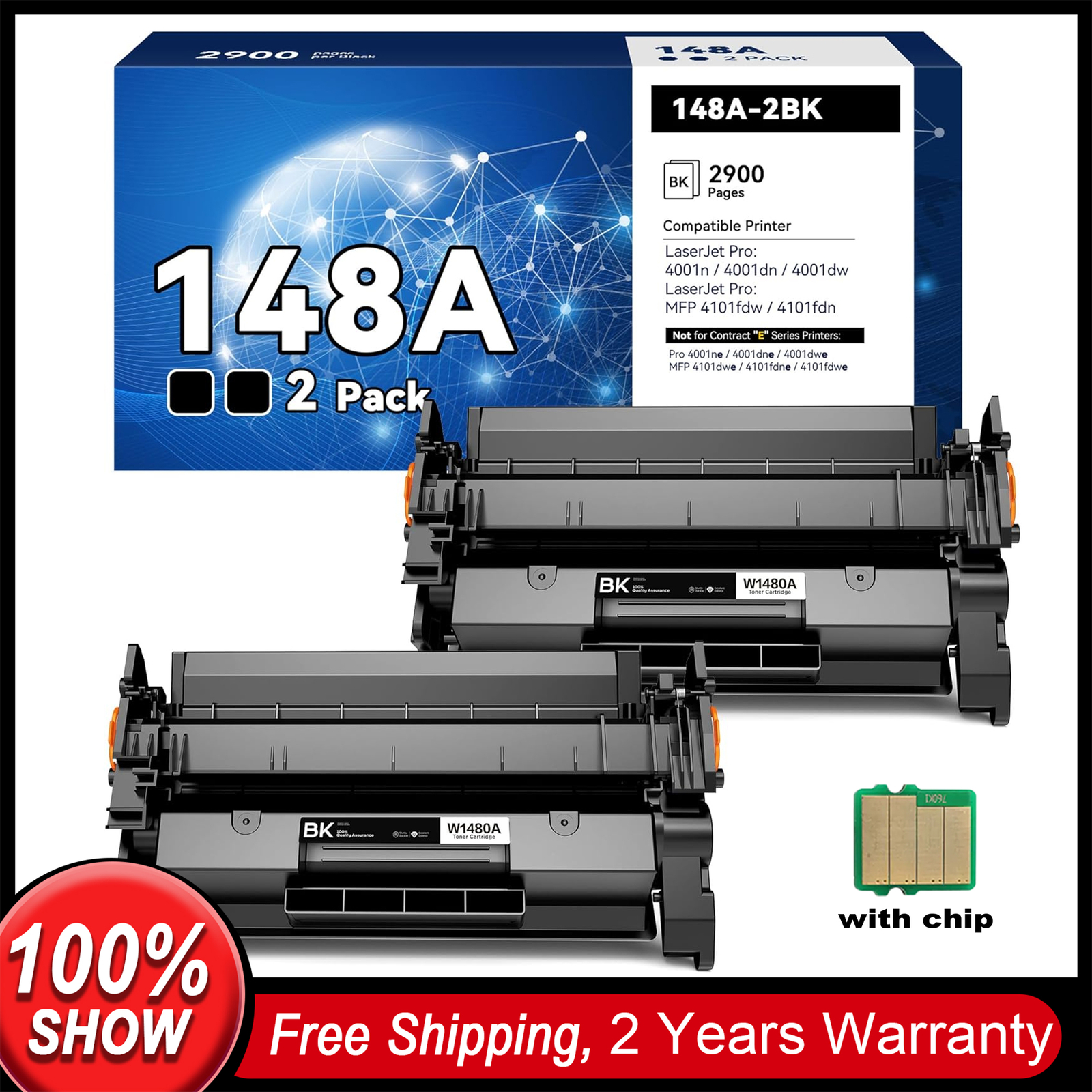 2PK 148A Toner Cartridge with Chip for HP LaserJet Pro 4001dw 4001n MFP 4101fdn
