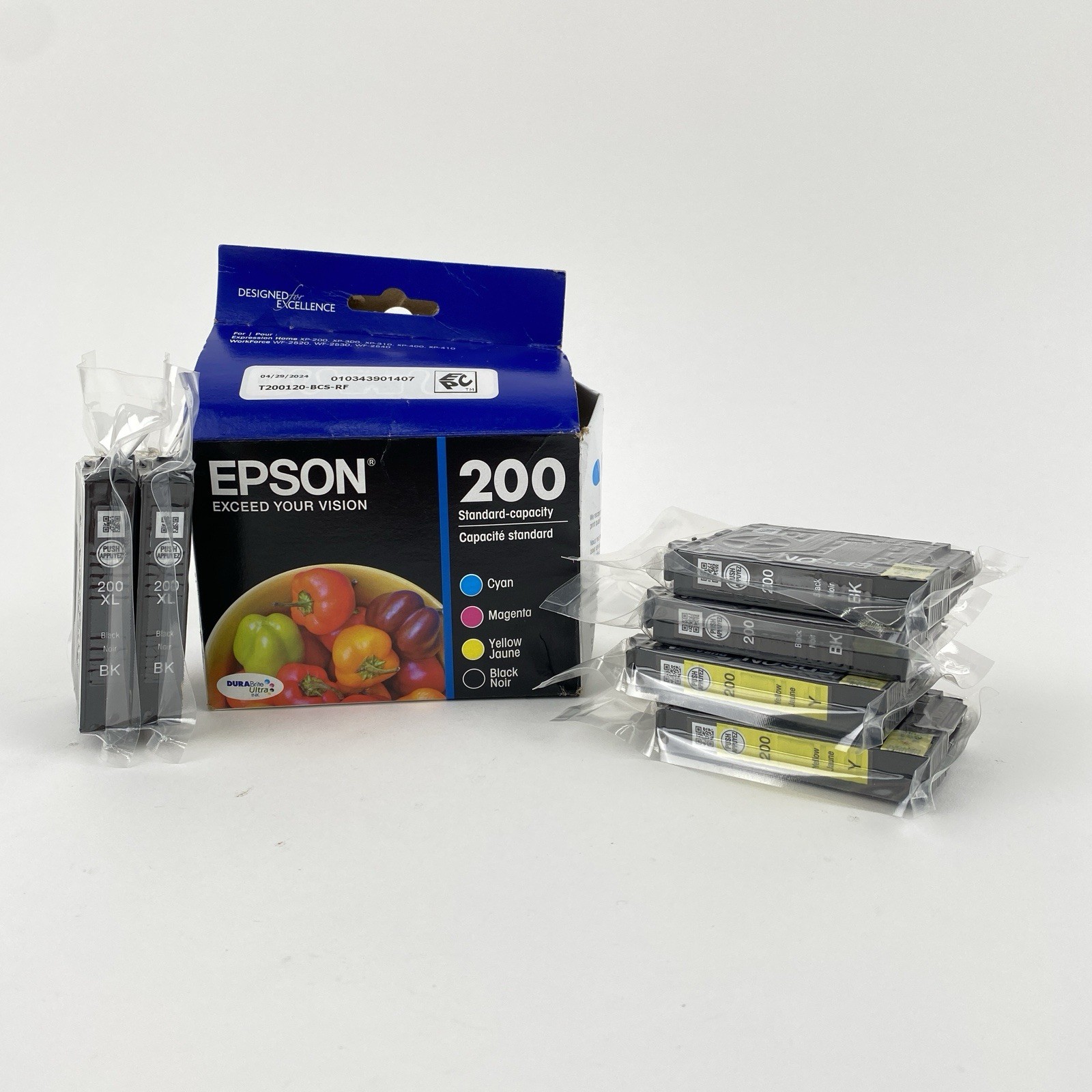 Lot of 6 Epson Black & Yellow 200 and 200XL Ink Cartridges Exp 04/2027