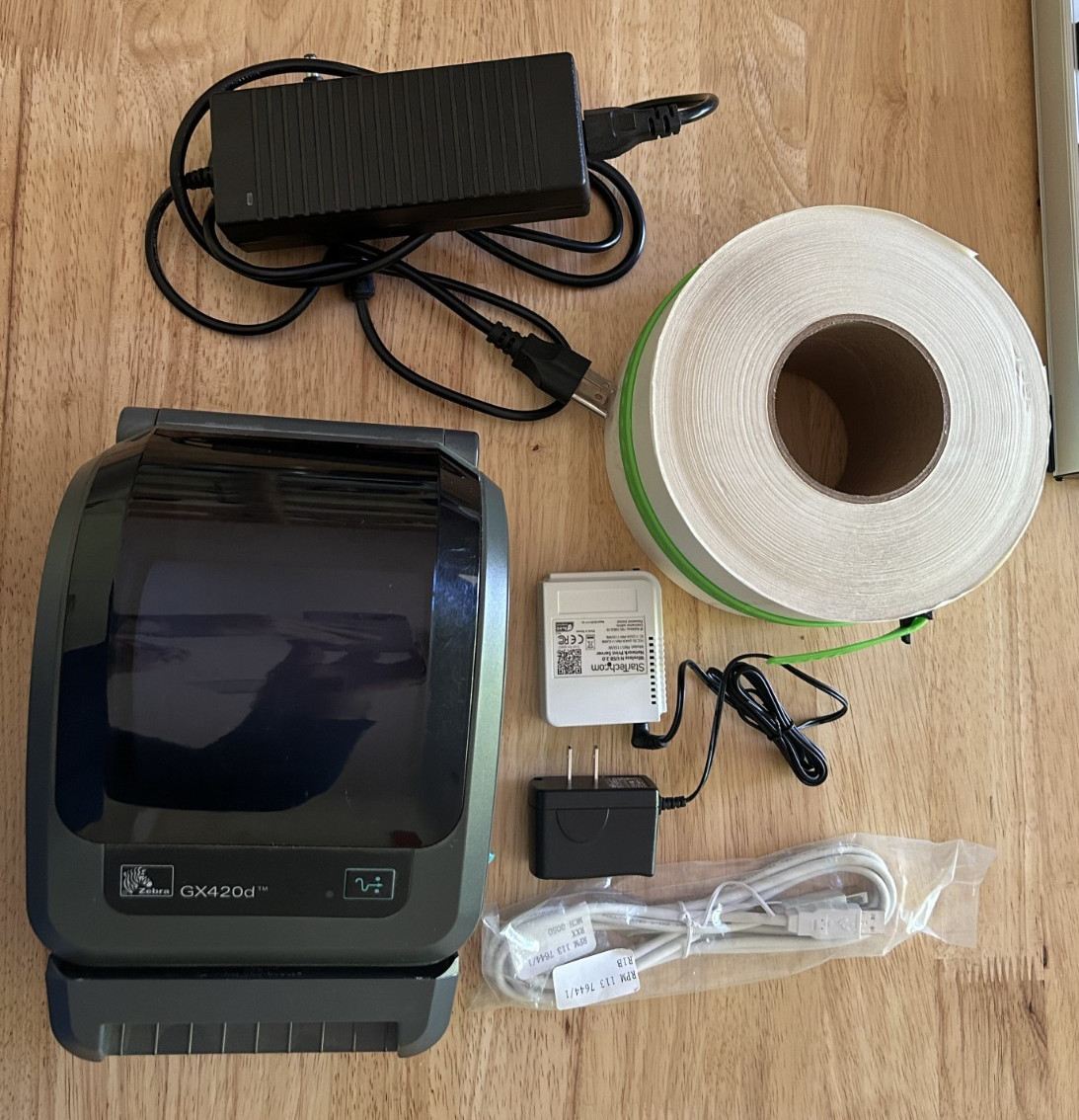 Zebra GX420D Thermal Printer, Cutter, Power Adapter, and wireless router