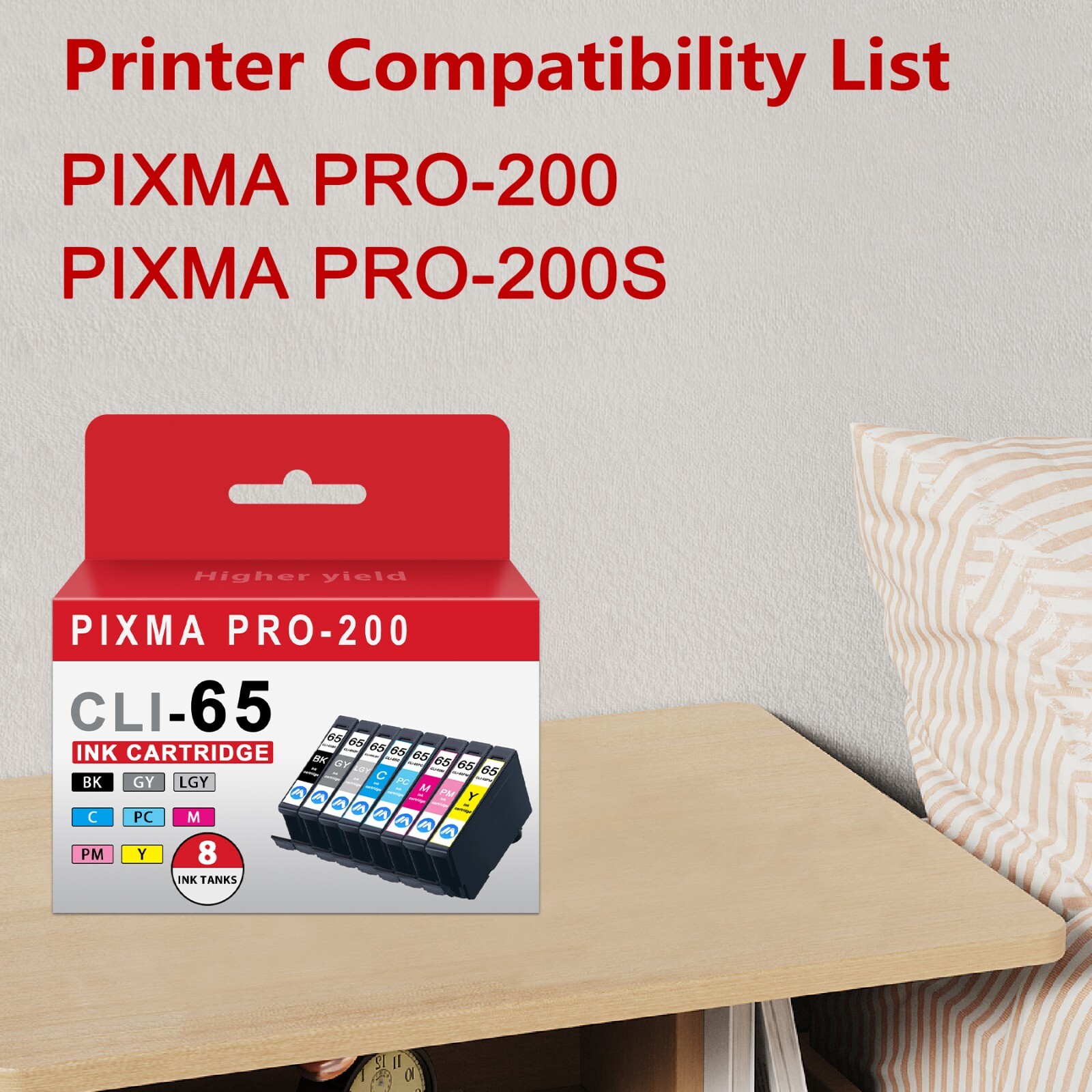CLI-65 Ink 8-Color Set with Chip Replacement for Canon PIXMA PRO-200 Ink