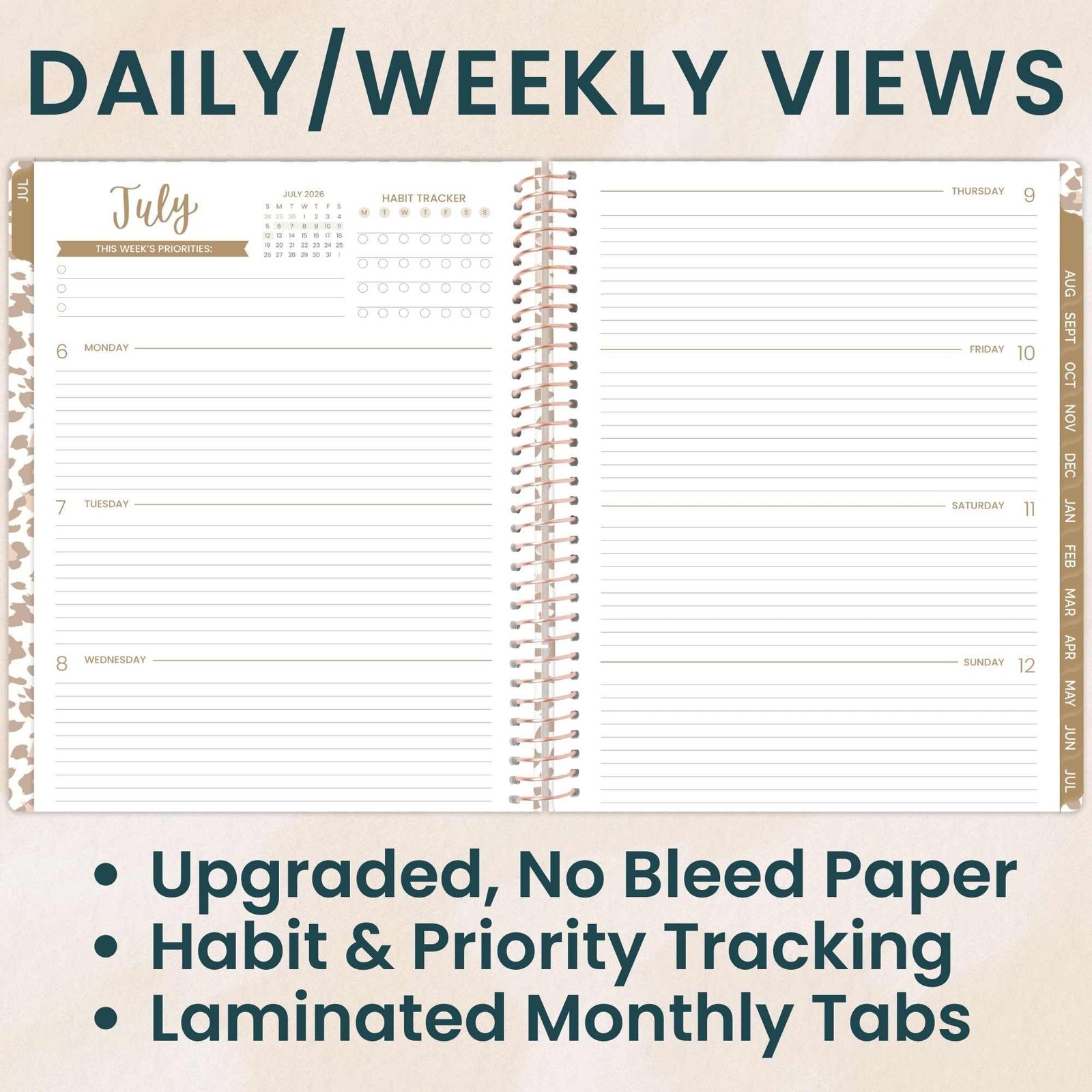 Academic Year Day Planner 8.5 x 11 Weekly Monthly Tan Leopard 2026-2027 bloom