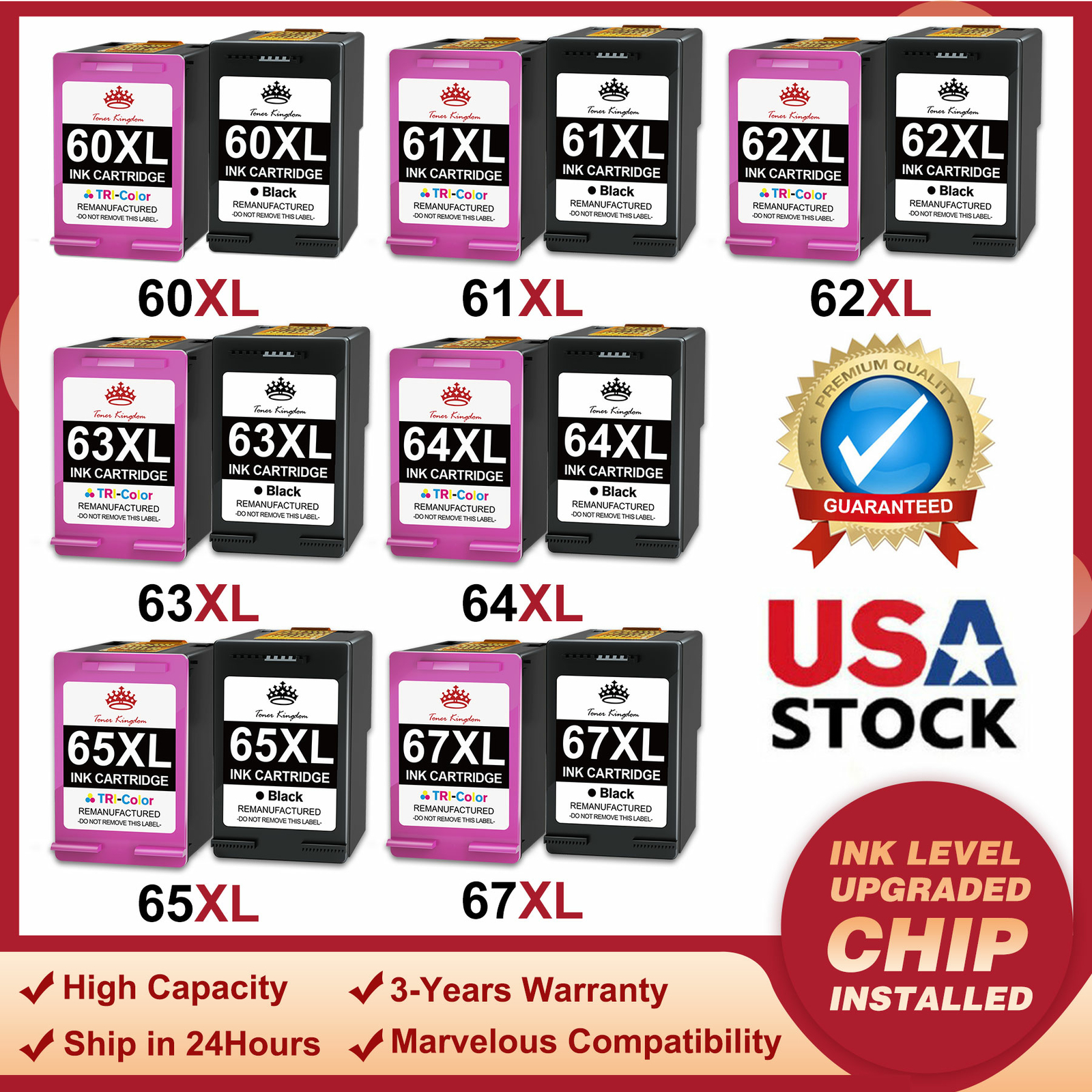 Black Color Ink Cartridge 60XL 61XL 62XL 63XL 64XL 65XL 67XL for HP Printer Lot
