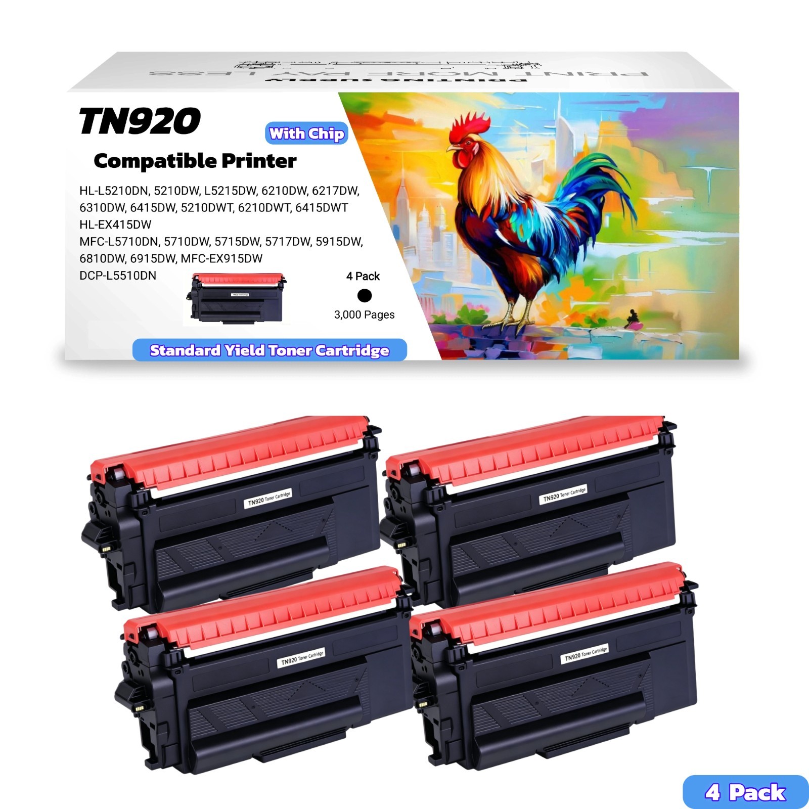 4PK TN920 For Brother TN920 Toner Cartridge Compatible Standard Yield HL-L6415DW
