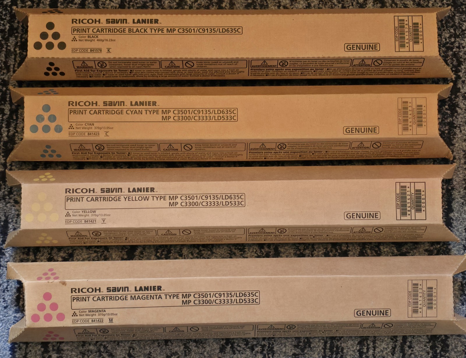 Set Ricoh Genuine Type MP C3501 C3330 Toner 841578,841422,841423 and 841421 NEW
