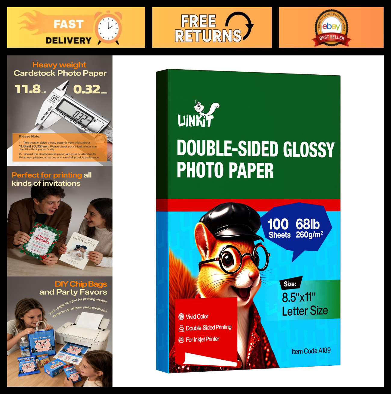 Thick Glossy Double-Sided Photo Paper 100 Sheets 8.5×11″ Heavyweight 68lb 260gsm