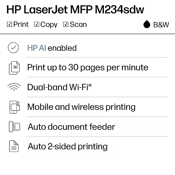 HP LaserJet MFP M234sdw Laser Printer, Black And White Mobile Print, Copy, Scan