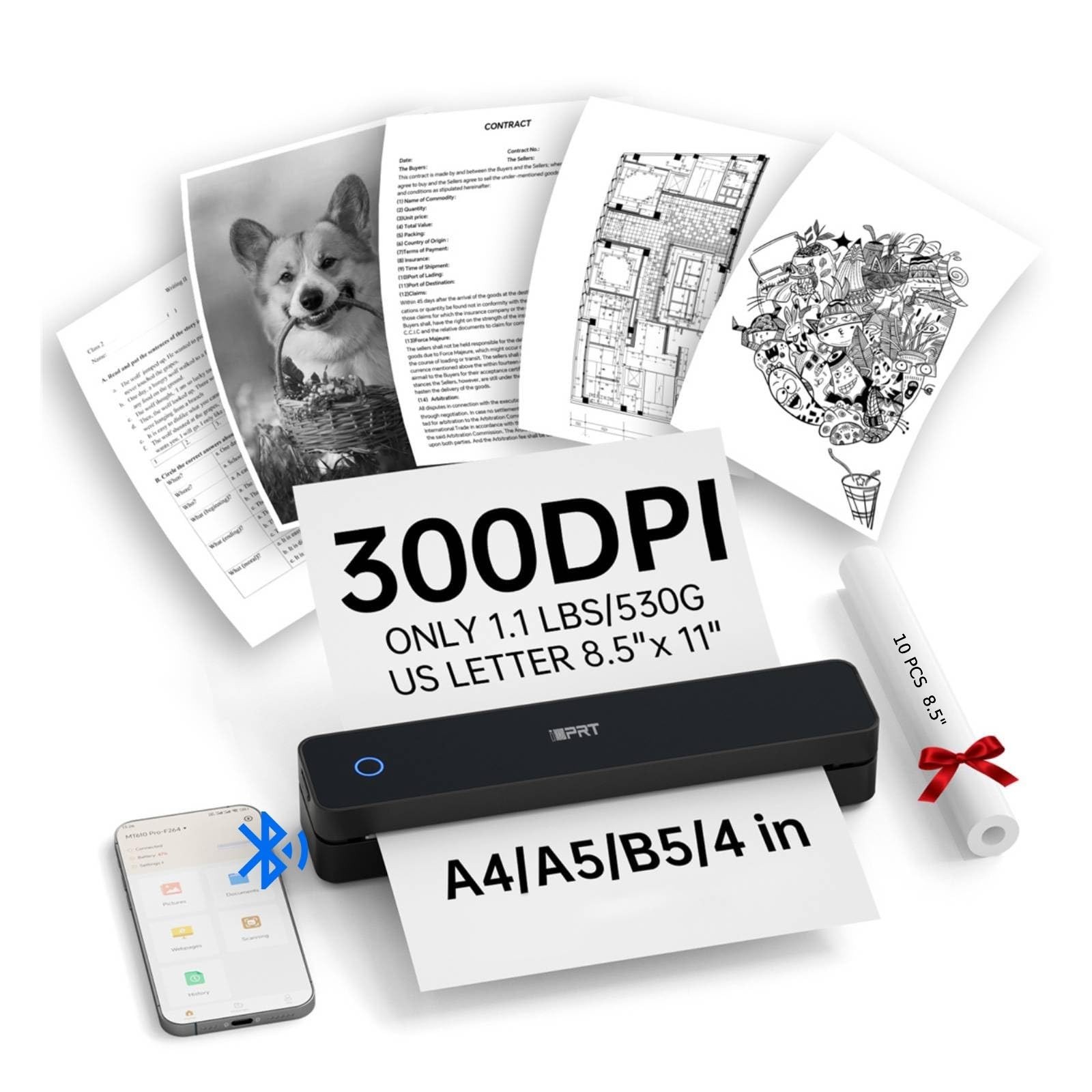Portable Thermal Printer, 300DPI Inkless-Bluetooth Mobile Printers