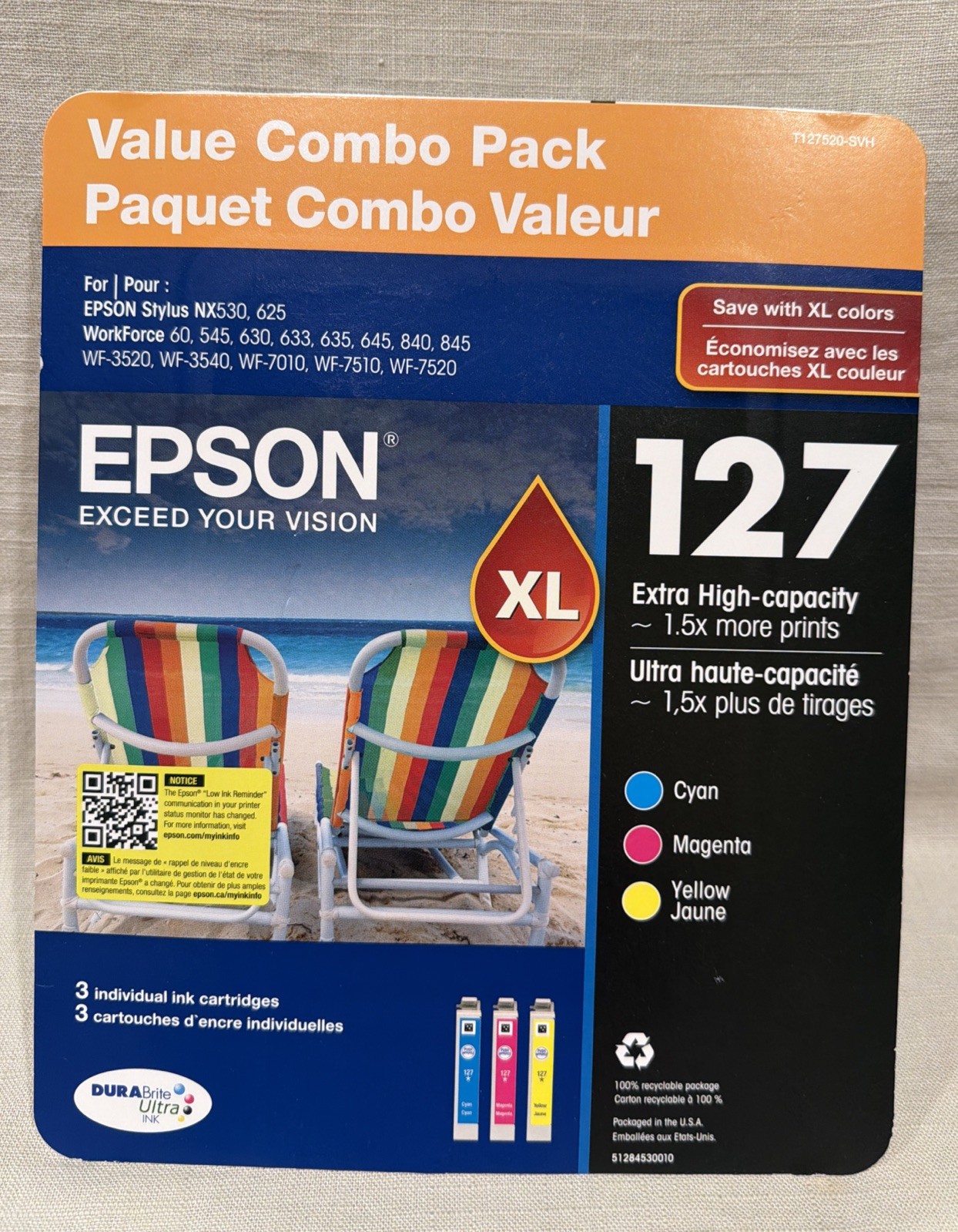NIB Epson 127 Color Ink Set T127520-SVH OEM, Cyan/Magenta/Yellow ~ Exp 06/2027