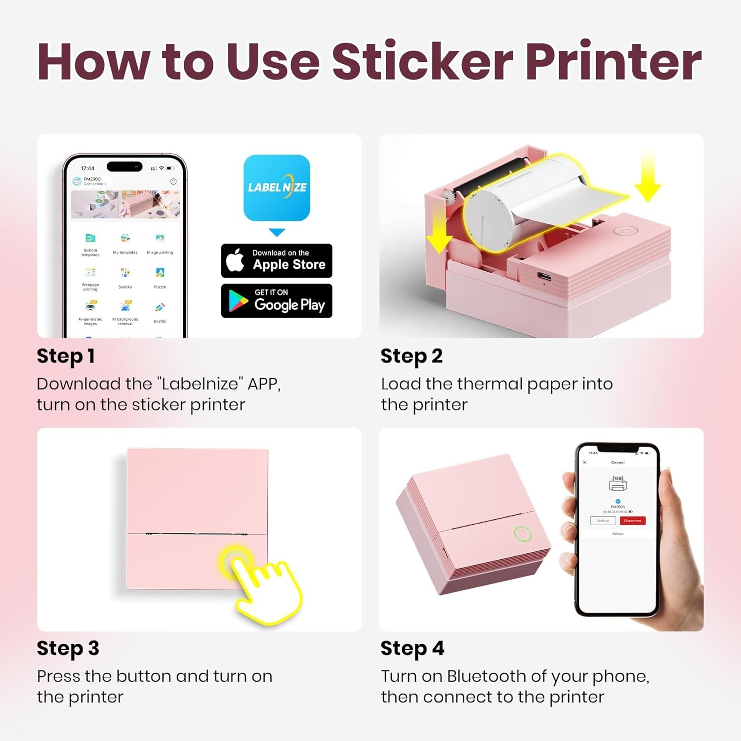 Sticker Printer PM290 Mini Printer Bluetooth Sticker Maker Machine 3 Paper Rolls