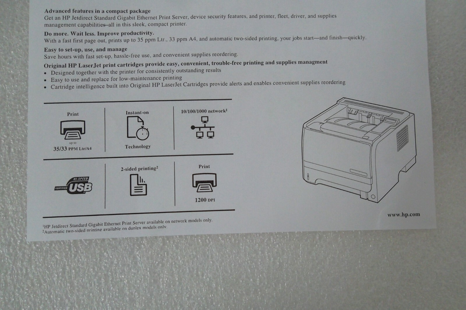 HP P2055dn LaserJet Printer Compact Mono Ethernet USB w/40K Pages 1200dpi CE459A