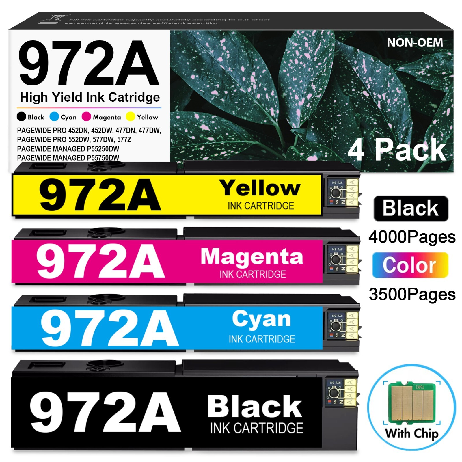 972A 972X Ink Cartridge (4-Pack,BK/C/M/Y) for HP PageWide Pro 452dw, 477dw, 577z