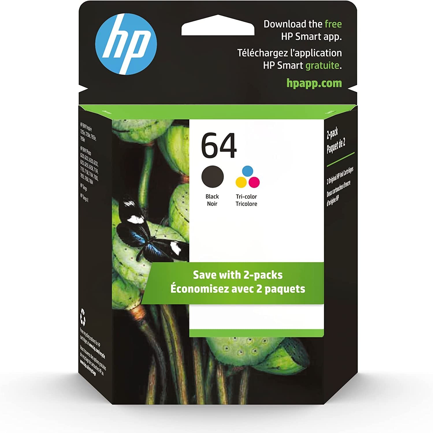 Original HP 64 Black/Tri-color Ink Cartridges ENVY Photo 6200 7100 X4D92AN 2023