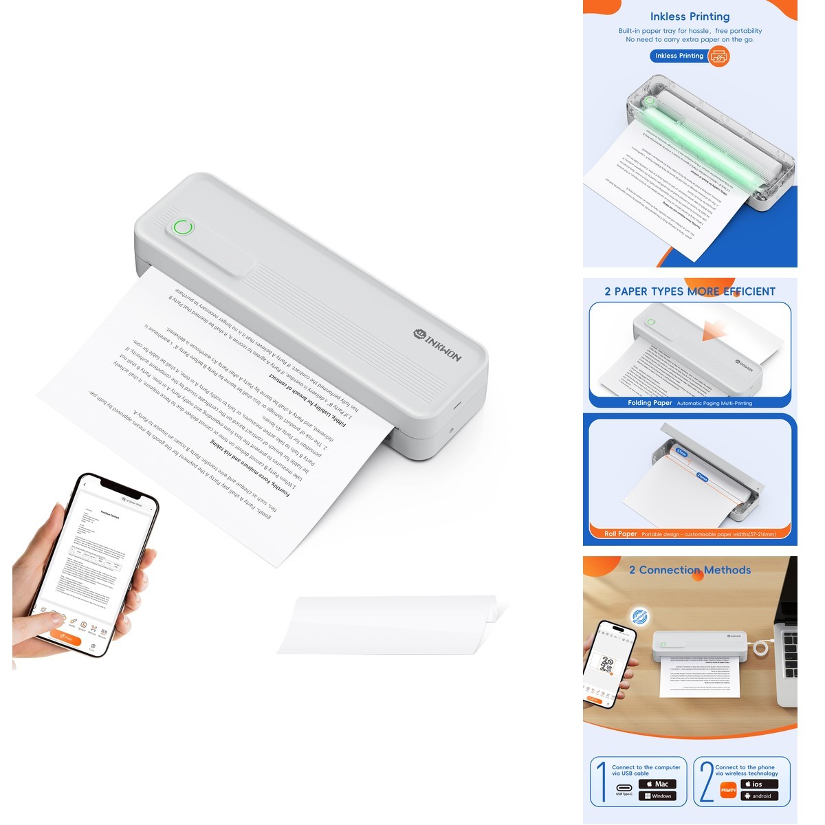 InkWon A41 Bluetooth Thermal Printer, Portable Inkless Printer Travel Supports