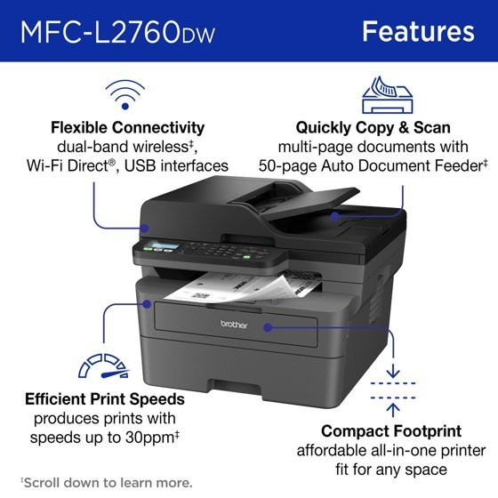 Brother Wireless MFC-L2760DW Compact Monochrome All-in-One Laser Printer