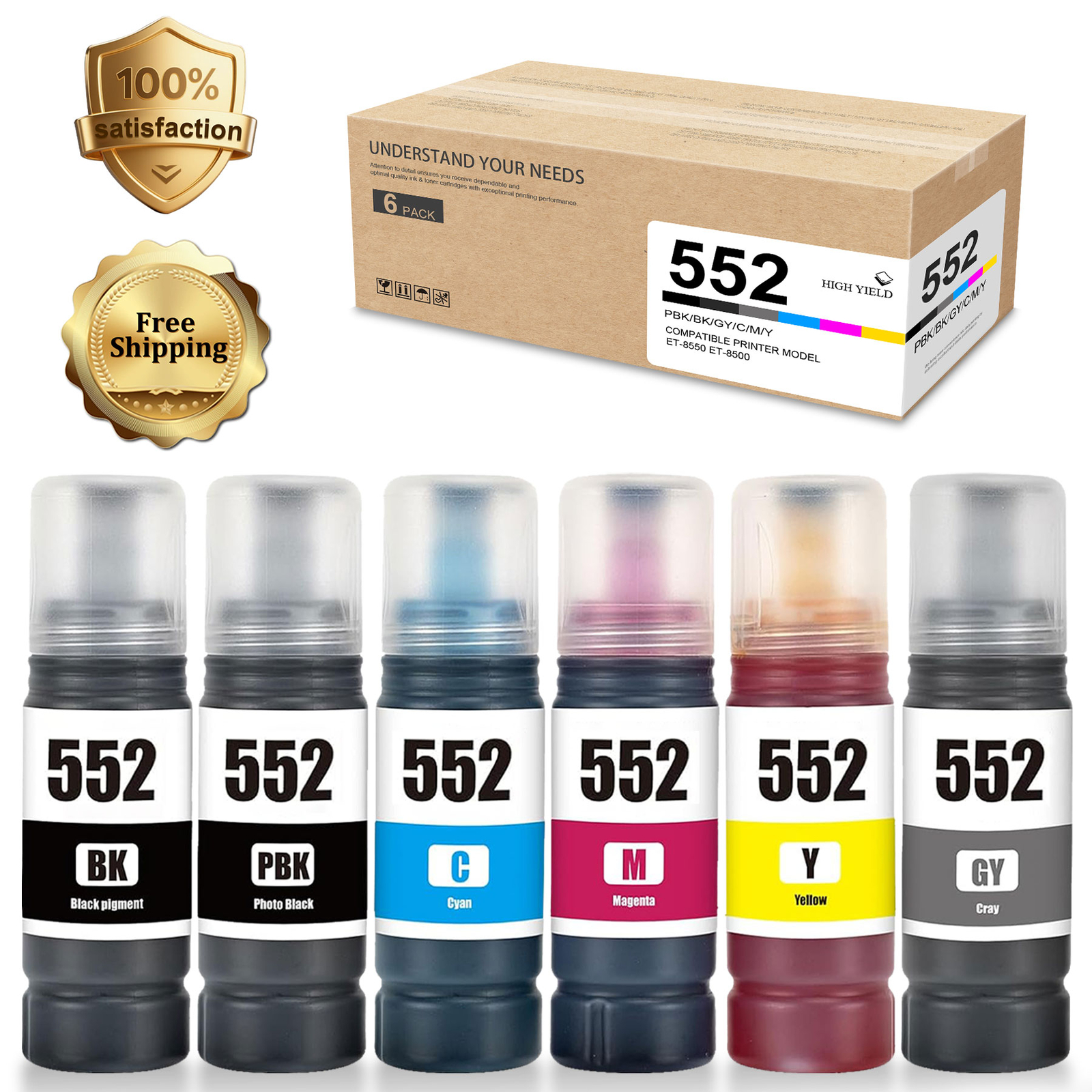 6PK T552 552 Ink Bottles for Epson EcoTank ET-8550 ET-8500(BK/PBK/C/M/Y/GY)