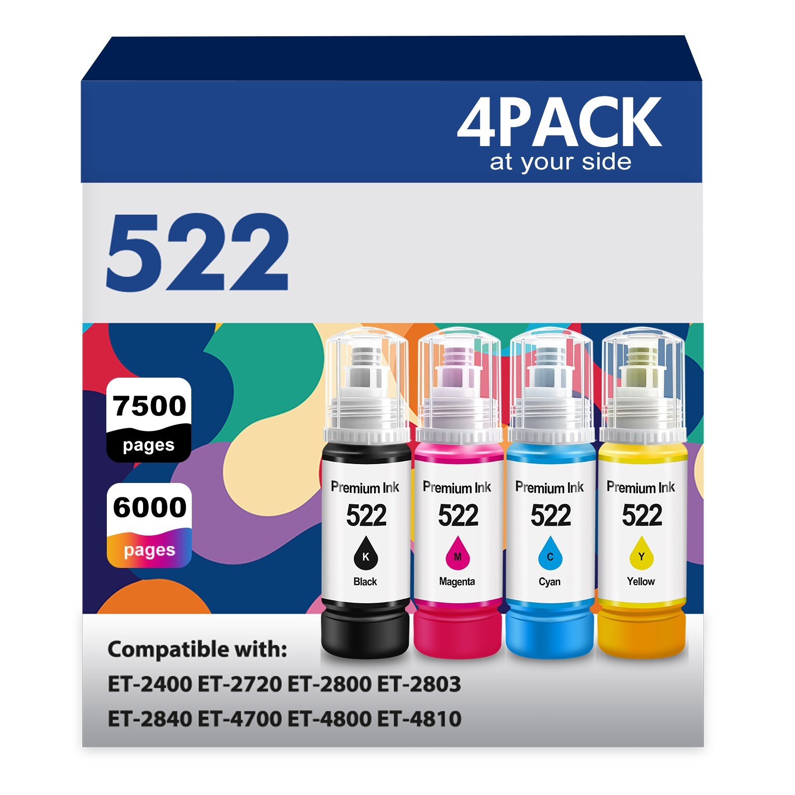 4 PACK 522 Ink Fit Epsn. 522 Ink ET-2400 ET-2720 ET-2800 ET-2803 ET-2840 ET-4700