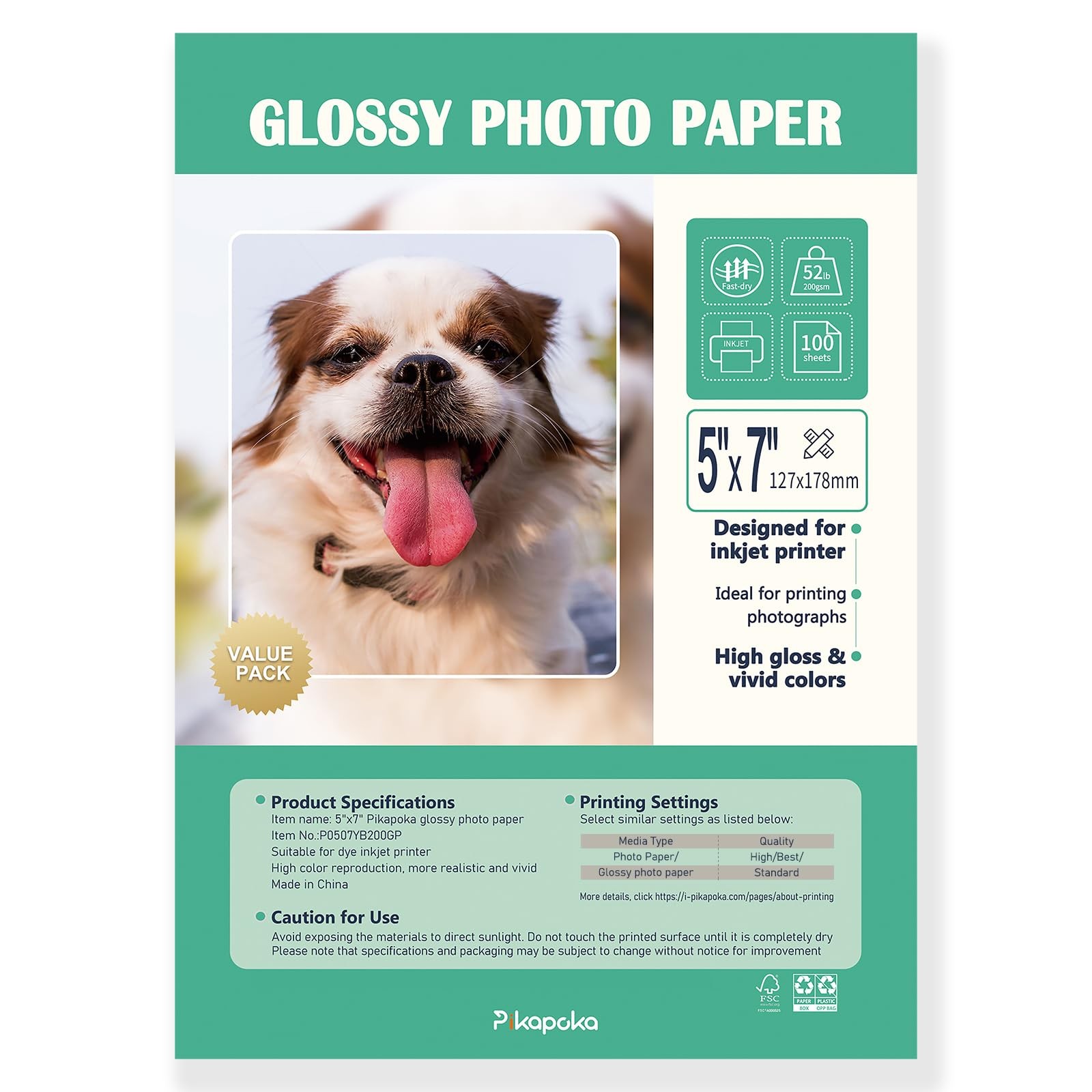 5×7 Photo Paper 100 Pack, 52lb Glossy Photo paper for Inkjet Printer, 200gsm