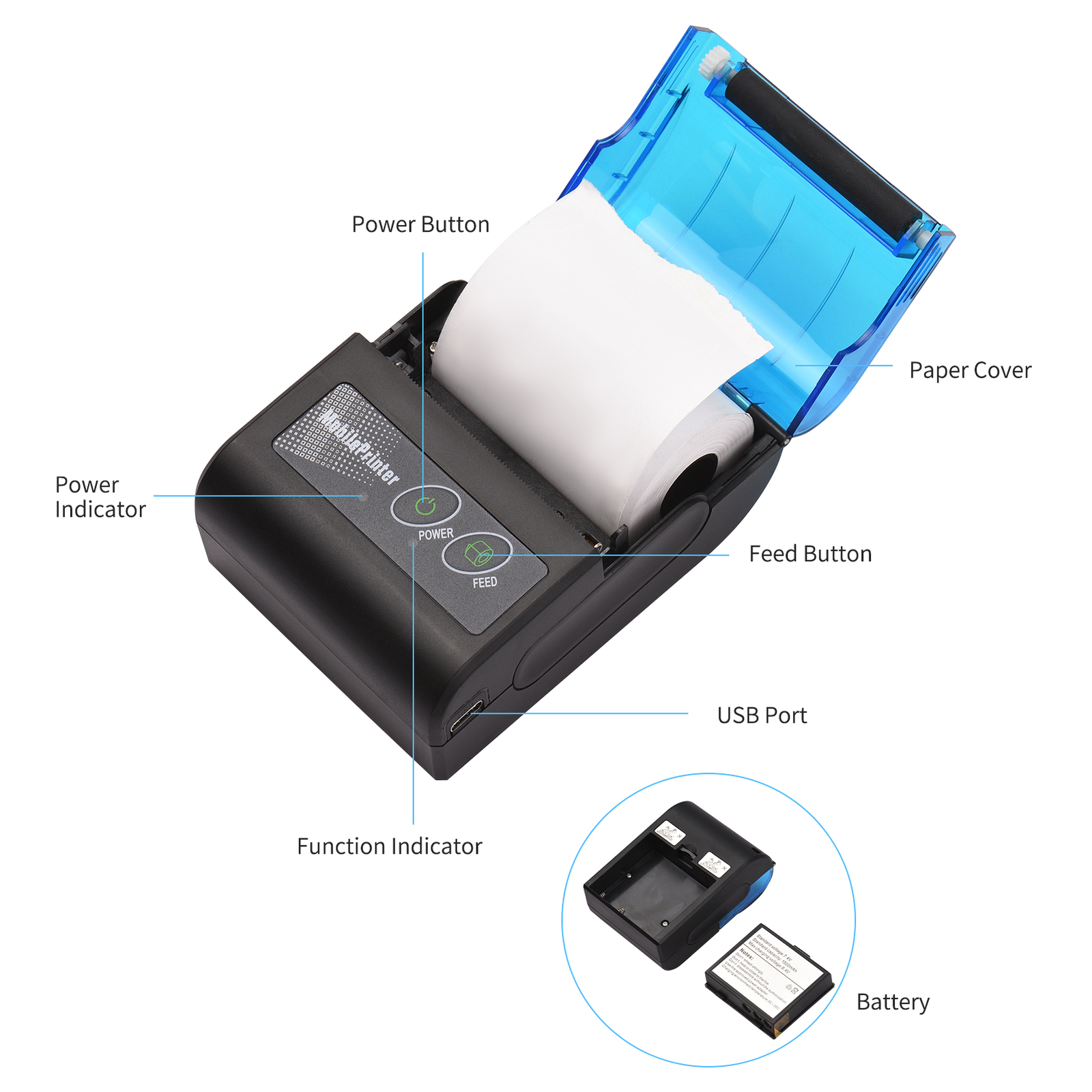 Bisofice 58mm Portable BT & USB Thermal Receipt Printer Mini Bill Ticket Printer