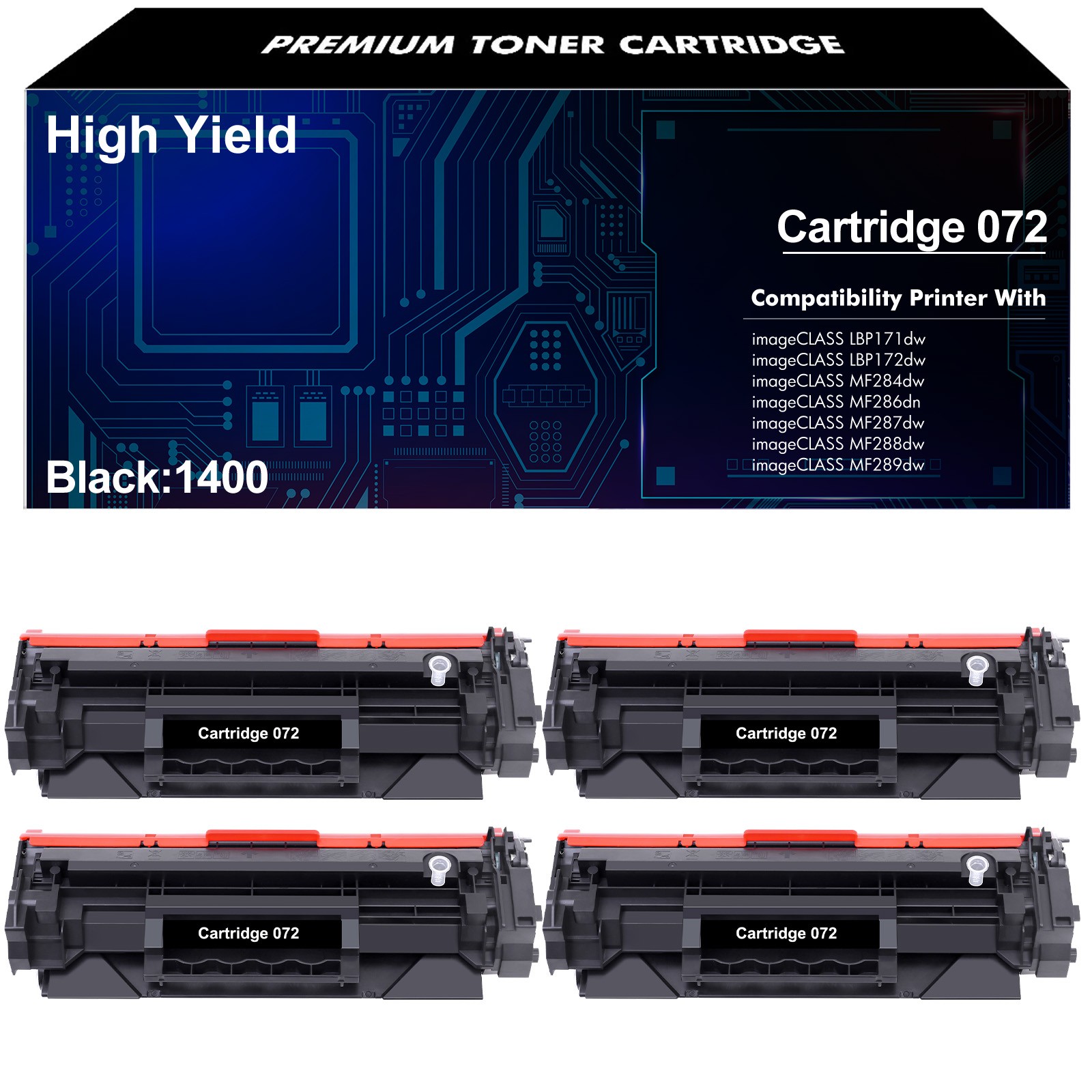 4PK CRG072 Toner Cartridge Compatible with Canon 072 LBP170 MF287dw MF289dw