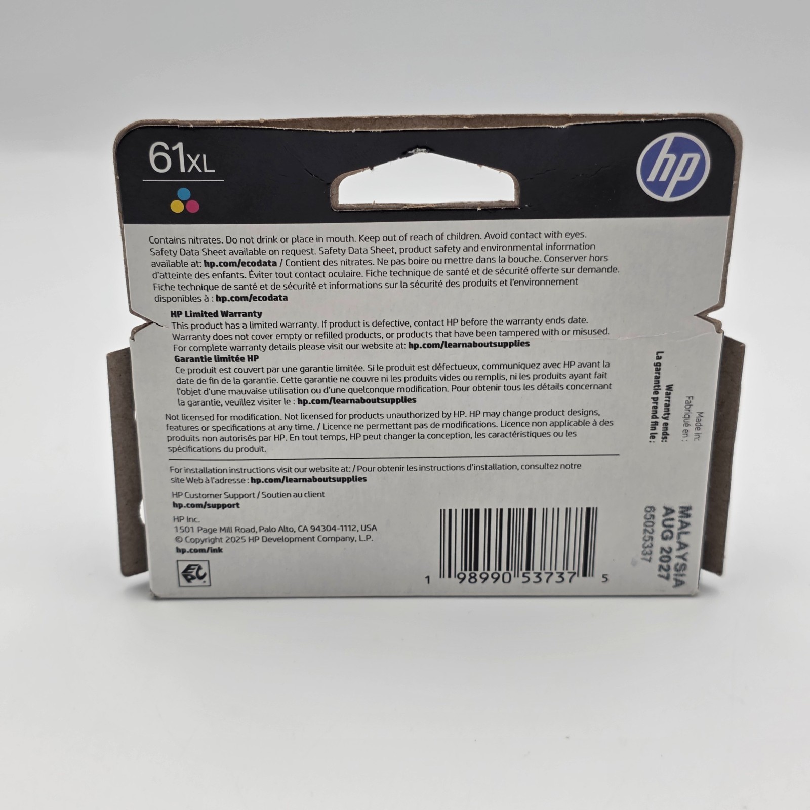 HP 61XL Tri-Color Ink Cartridge Genuine OEM New Sealed Exp Aug 2027 CH564WN