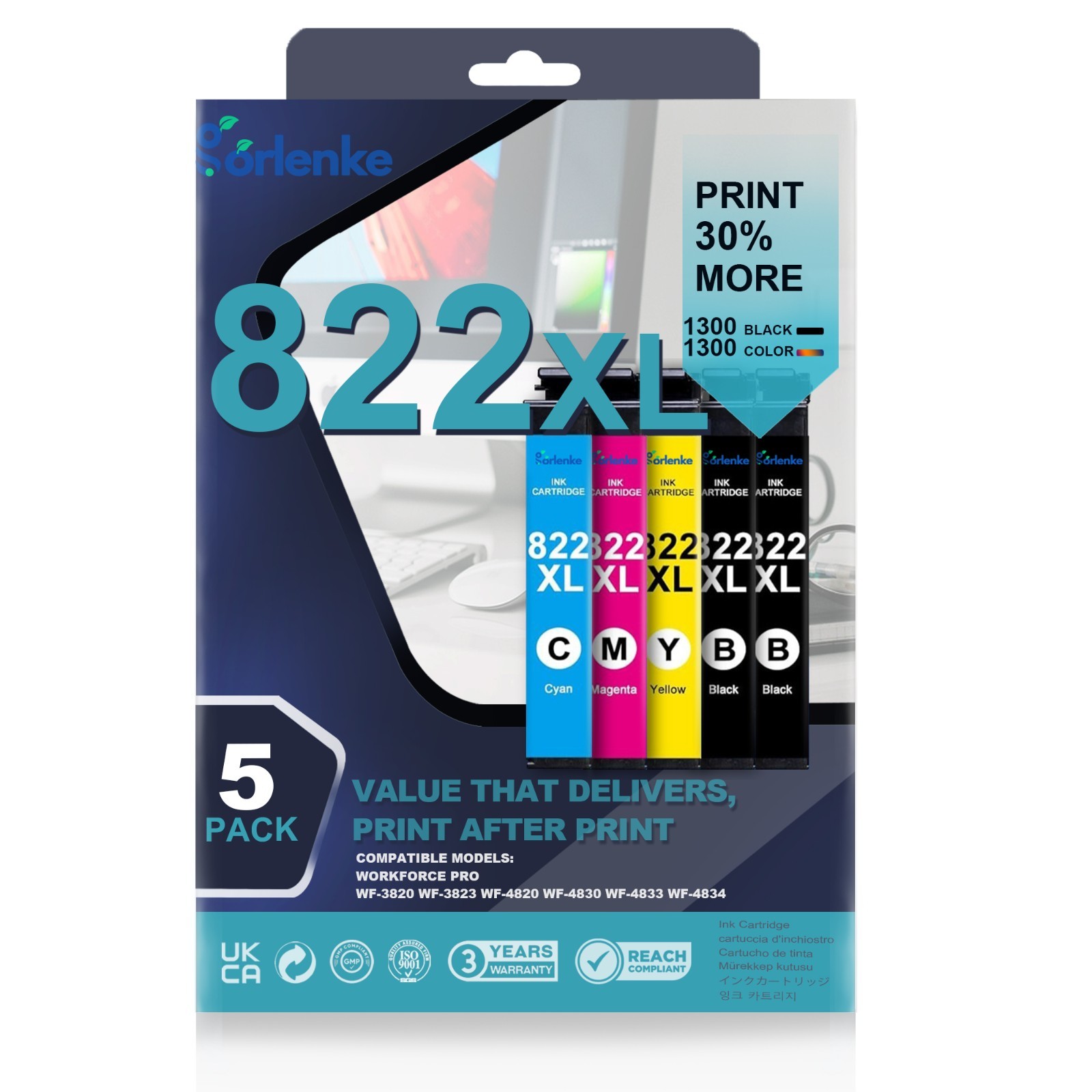 5PK 822XL Ink Cartridges For Epson WF-3820 WF-4820 WF-4833