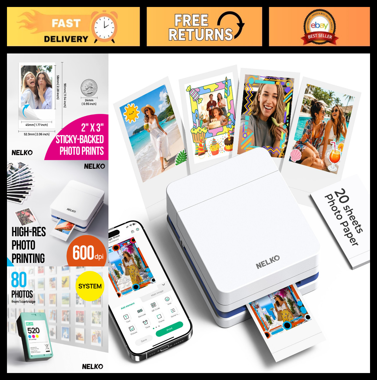 Portable 2×3 Photo Printer – Instant Color Mini Printer for iOS & Android, Bluet