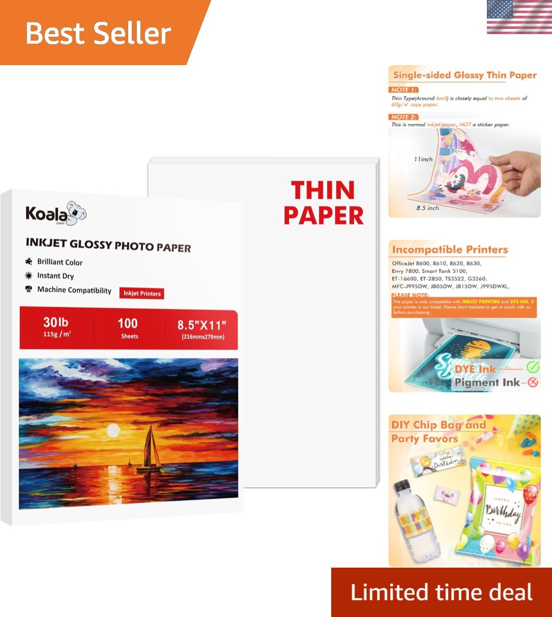 Koala 115gsm Glossy Thin Inkjet Paper, 8.5×11 Inches, 100 Sheets, Vibrant Colors